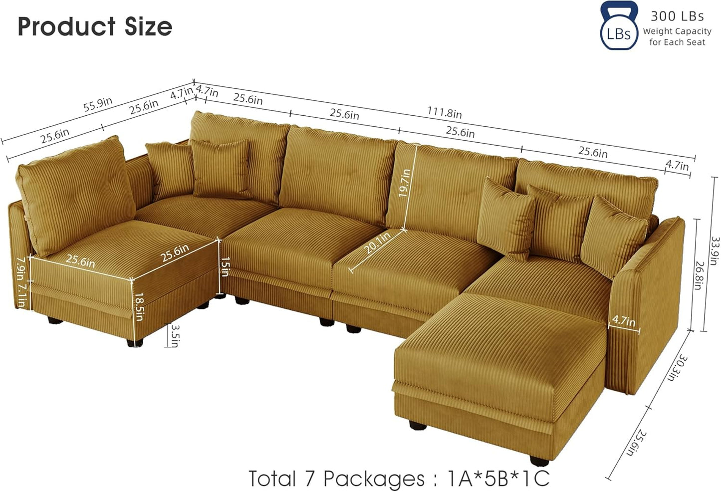 LLappuil Modular Sectional Sofa with Storage Seats, Corduroy Convertible Modular U Shaped Sectional Couch for Living Room, 6 Seat Oversized Sofa with 5 Back Cushion 5 Throw Pillow, Yellow