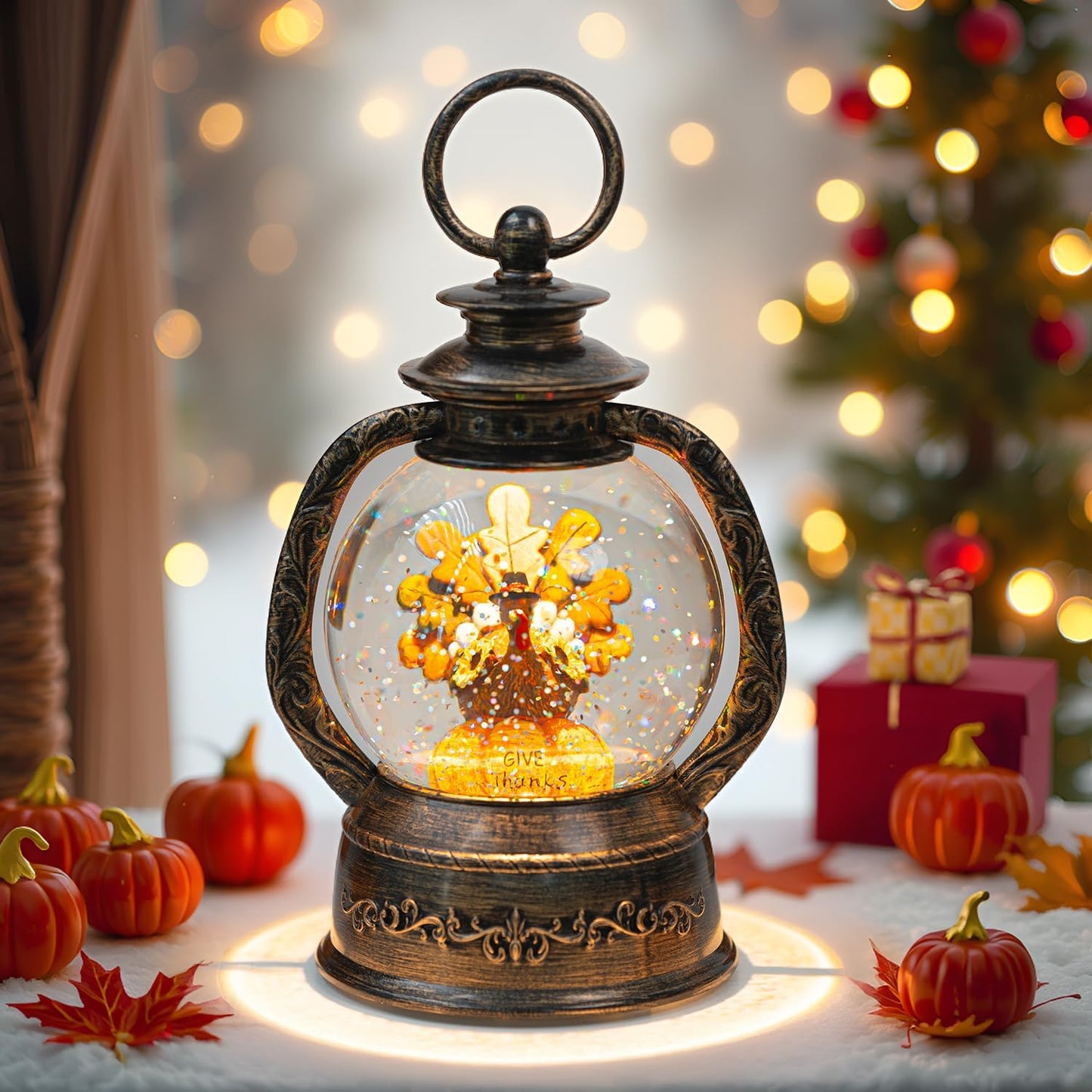 Fall Snow Globe Lantern - Thanksgiving Glittering Lighted Water Lantern, Fall Decorations Autumn Harvest Day Gifts, Home Halloween Christmas Decor (Turkey in Pumpkin)