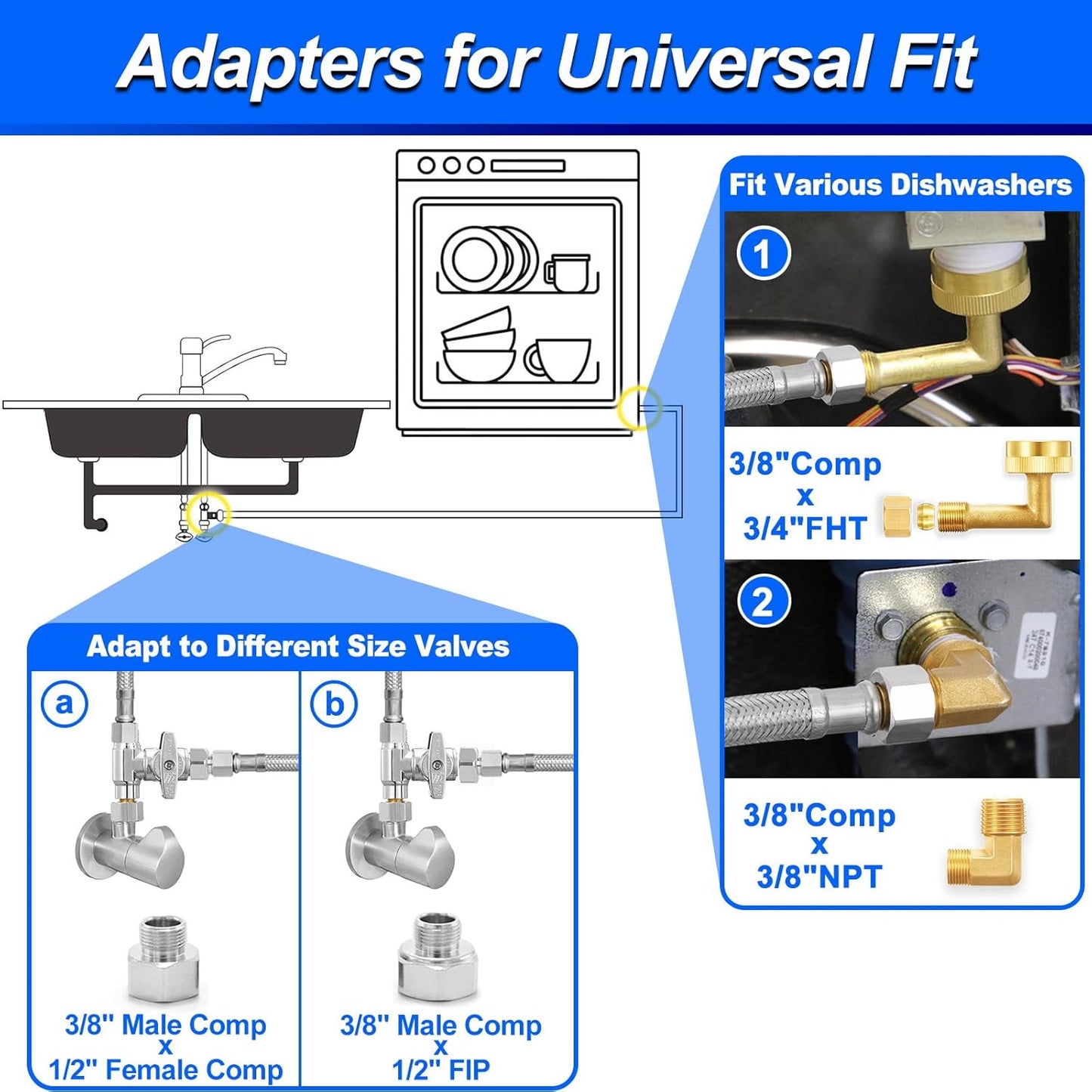 Dishwasher Installation Kit - 8 FT Stainless Steel Dishwasher Hose with 3/8" Compression Connections,Food Grade PEX Inner Tube Dishwasher Water Supply Line with Elbows,Adapters and 6 FT Power Cord