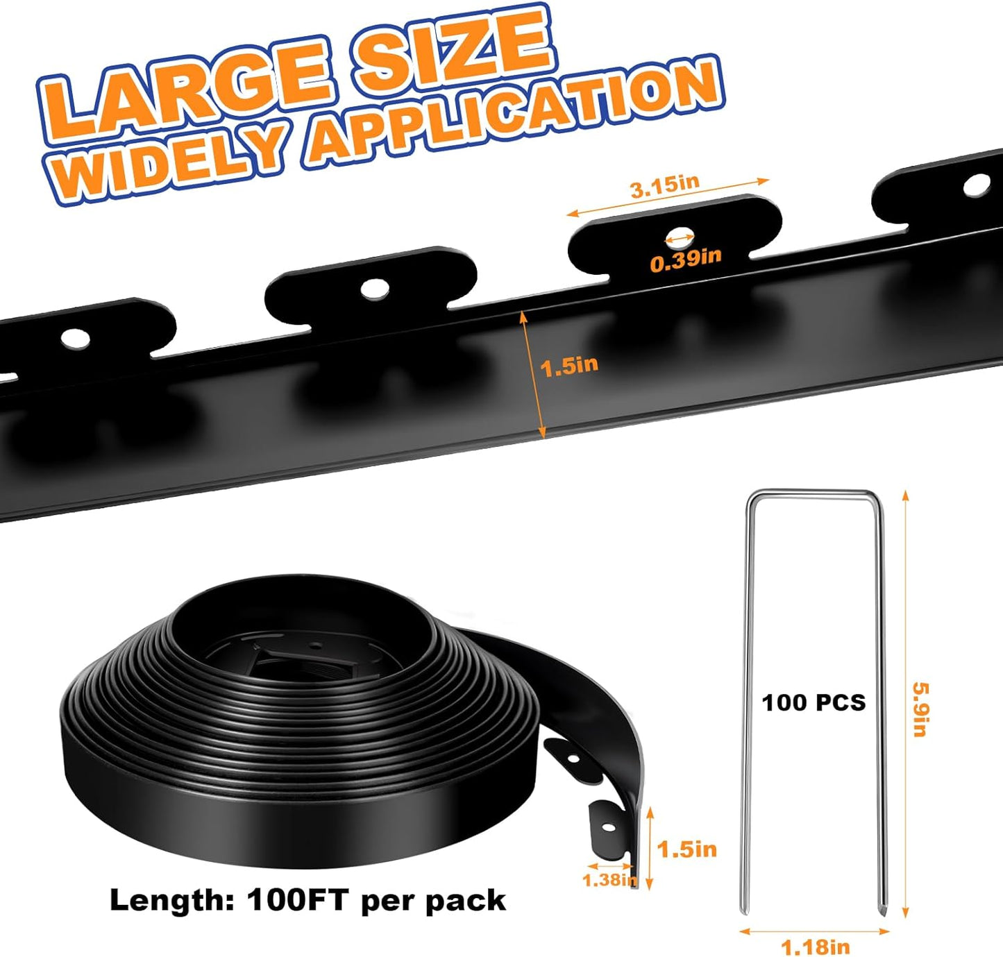 1.5 Inch x 100 FT (Multiple Sizes Available) Landscape Edging, Garden Edging Borders with 100pcs Upgrade Stakes, Flexible No Dig Plastic Garden Border for Lawn, Landscaping, Flower Beds and Yard