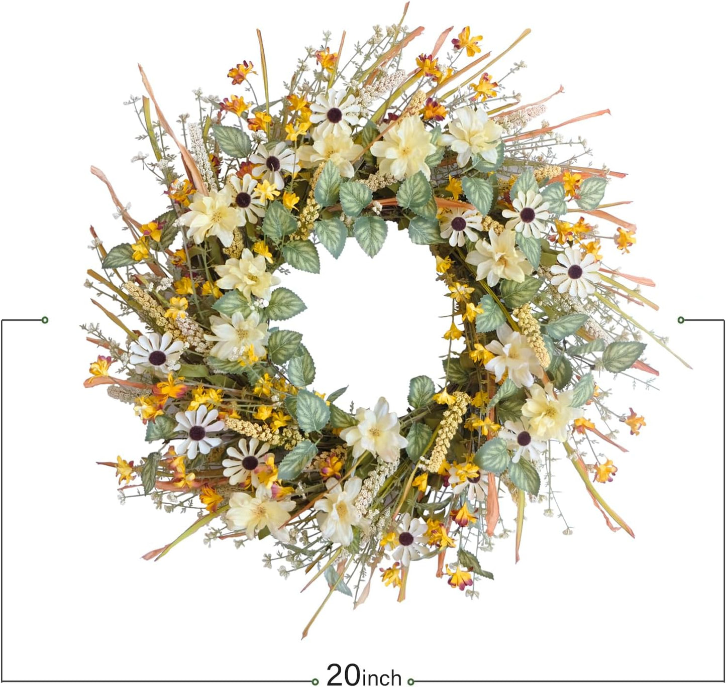 idyllic 20 Inches Spring Summer Front Door Wreath, Yellow and White Daisies Flowers, Ear of Wheat, Green Leaves Wreath for Front Door
