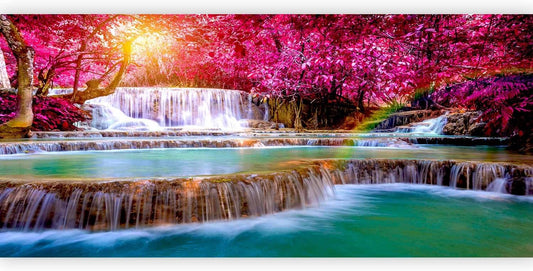 artgeist Wall Mural Peel and Stick Waterfall 212x98 in - XXL Self-Adhesive Corner Wallpaper Removable Large Sticker Foil Angle Wallpaper Wall Decor Print Nature Sun Pink Tree Forest c-B-0474-a-a