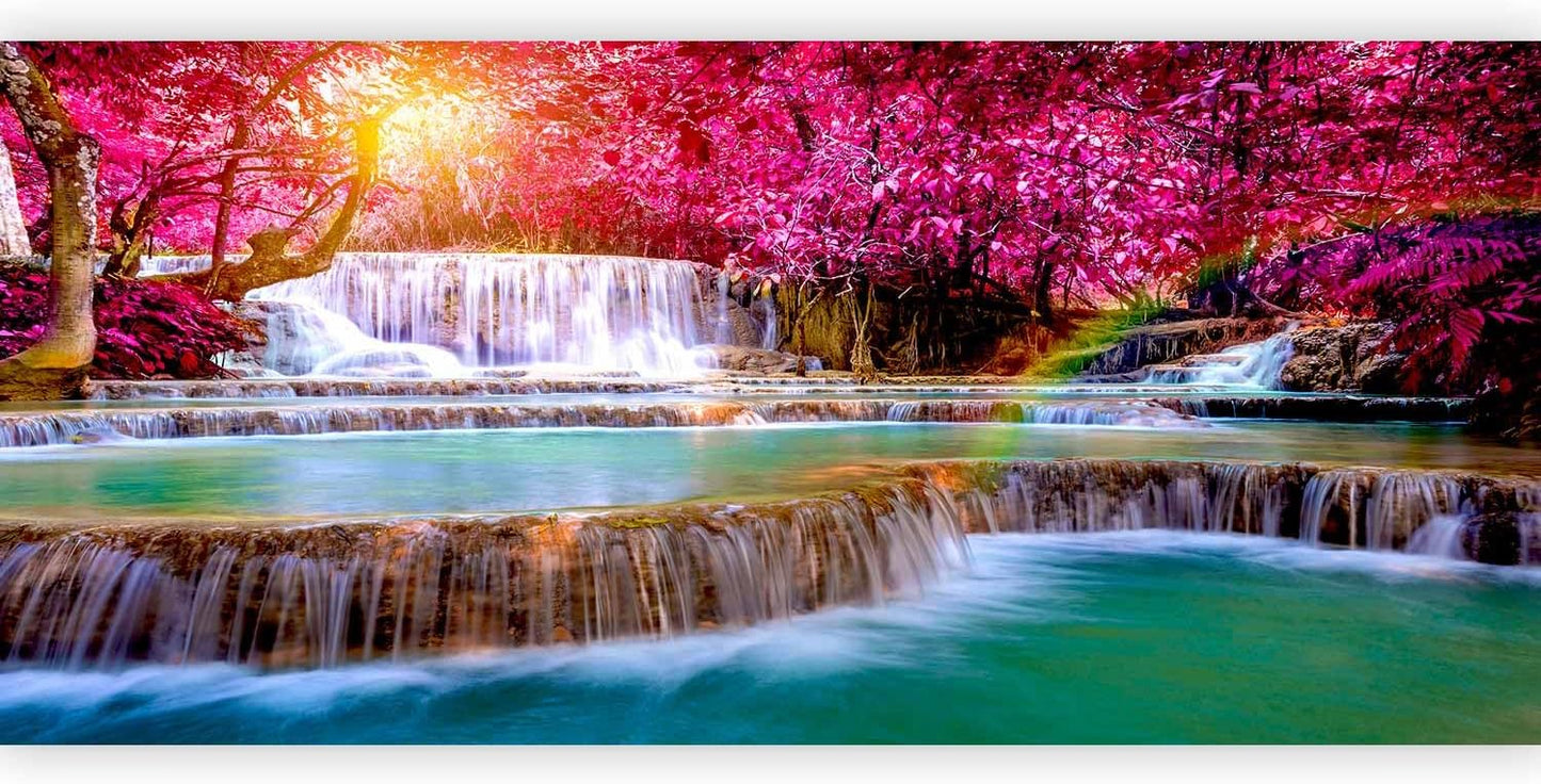artgeist Wall Mural Waterfall 216x98 in - XXL Non-Woven Corner Wallpaper Fleece Angle Wall Decor Photo Print Picture Image Design Modern Nature Sun Pink Tree Forest c-B-0474-a-a
