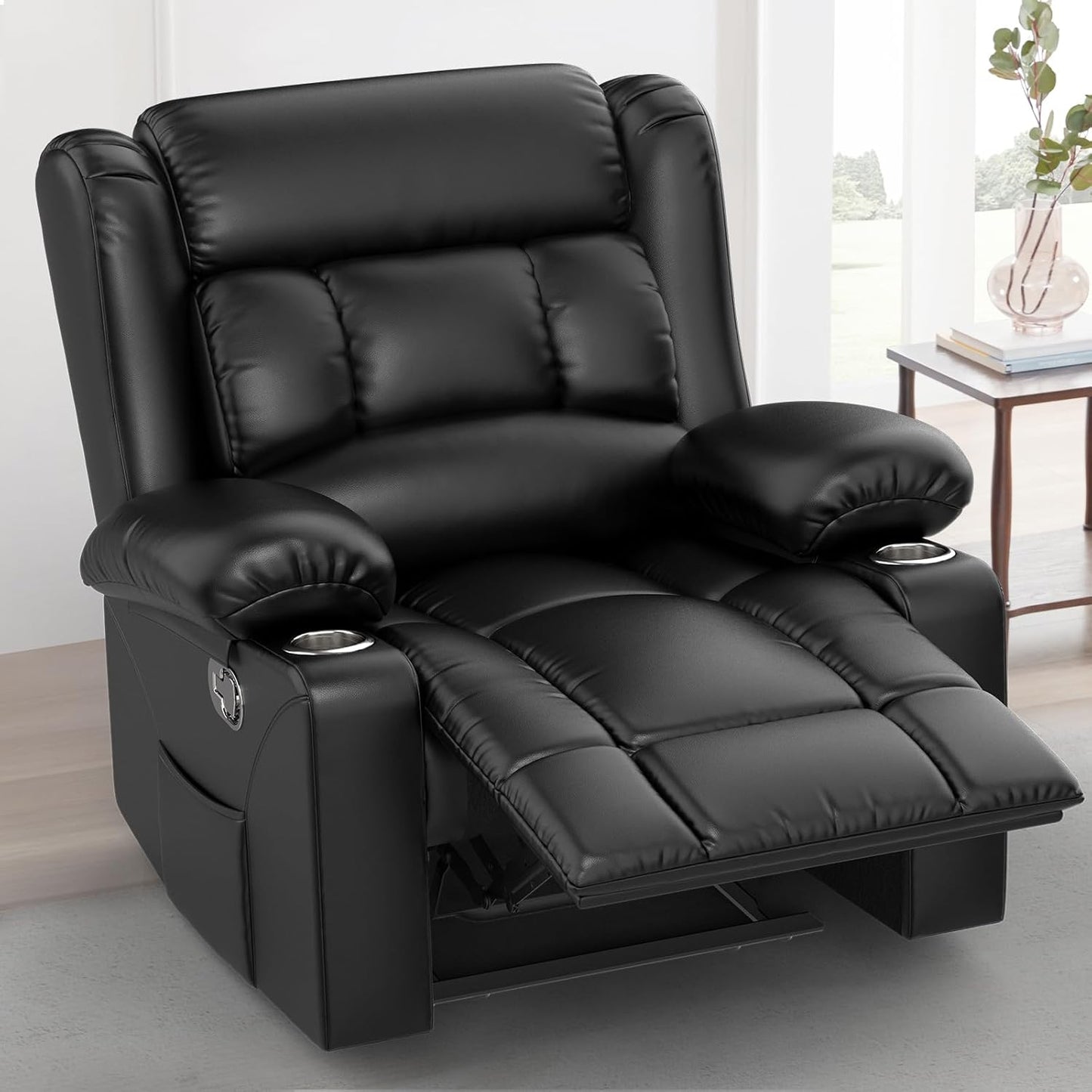 Recliner Chair for Adults, Oversized PU Leather Manual Pull Tab Reclining Chair with Cup Holders, Minimalist Style Single Sofa for Living Room, RV (Black)
