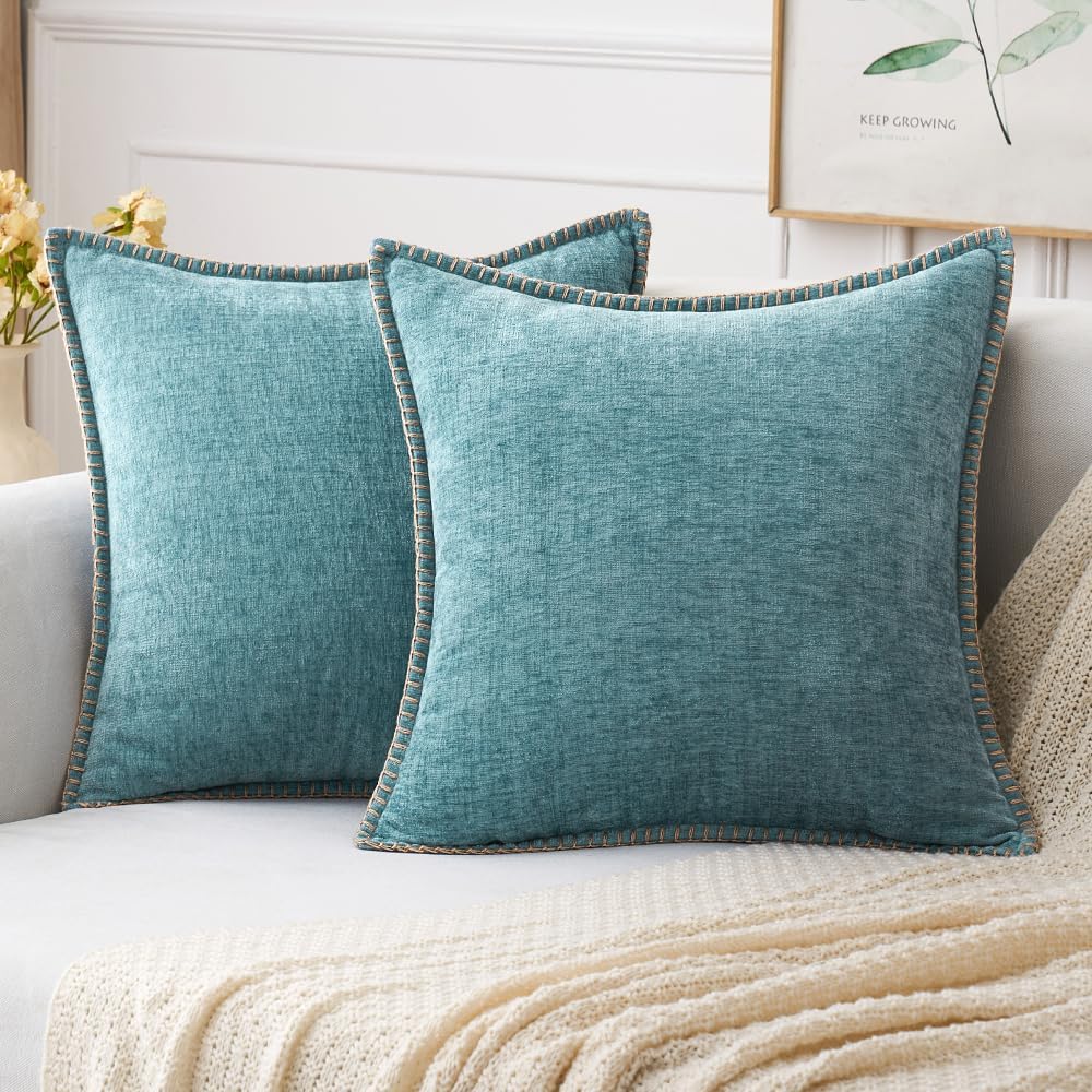 MIULEE Pack of 2 Couch Throw Pillow Covers 18x18 Inch Coastal Smoke Blue Farmhouse Decorative Pillow Covers with Stitched Edge Soft Chenille Solid Dyed Spring Pillow Covers for Sofa Bed Living Room