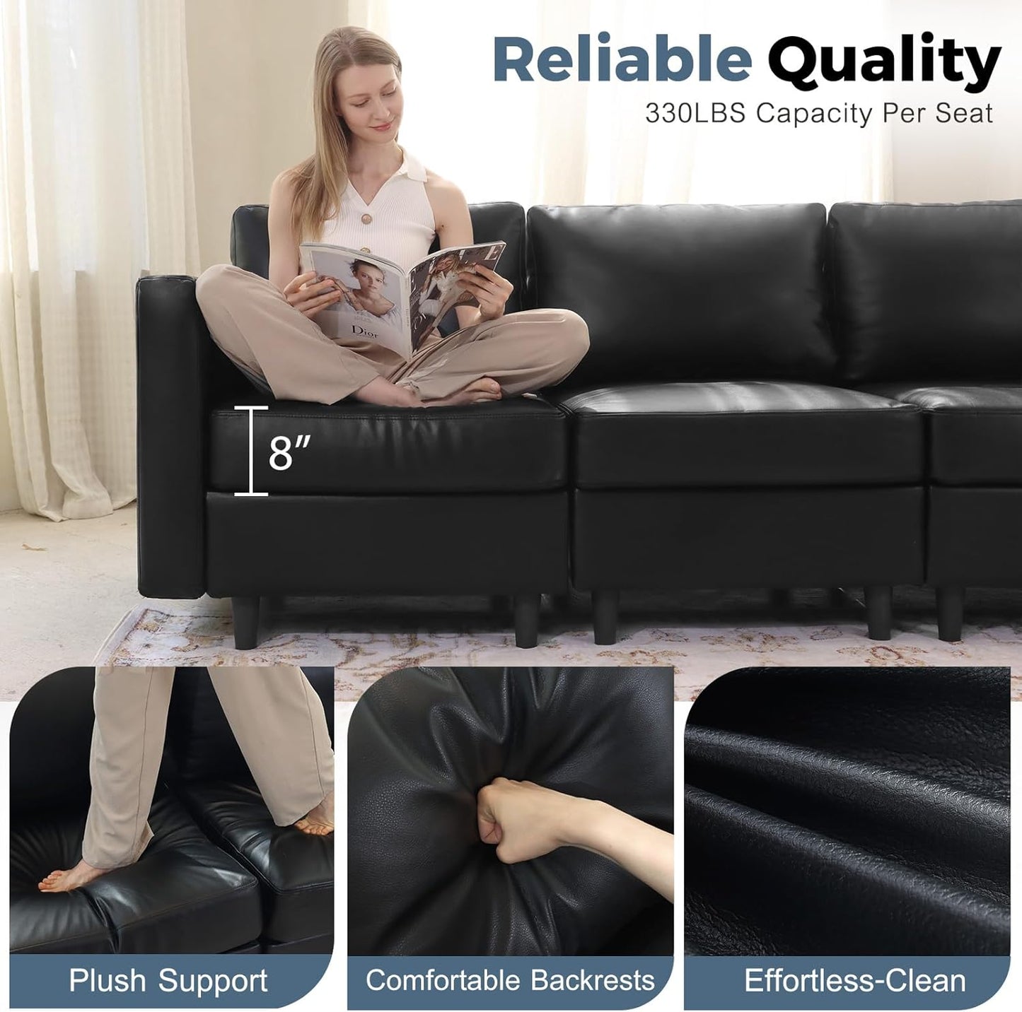 118.5" Faux Leather Modular Sectional Sofa with Storage Seat, Modern 6 Seater Couch Deep Seat with Removable Cover DIY Combination Black