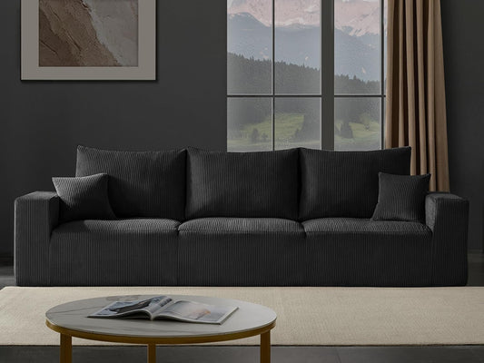 Boneless Cloud Couch Sofa for Living Room, 112" 3 Seater Black Modern Lounge Sleeper Couch, No Assemble, Cordury Compression Upholstered Couches