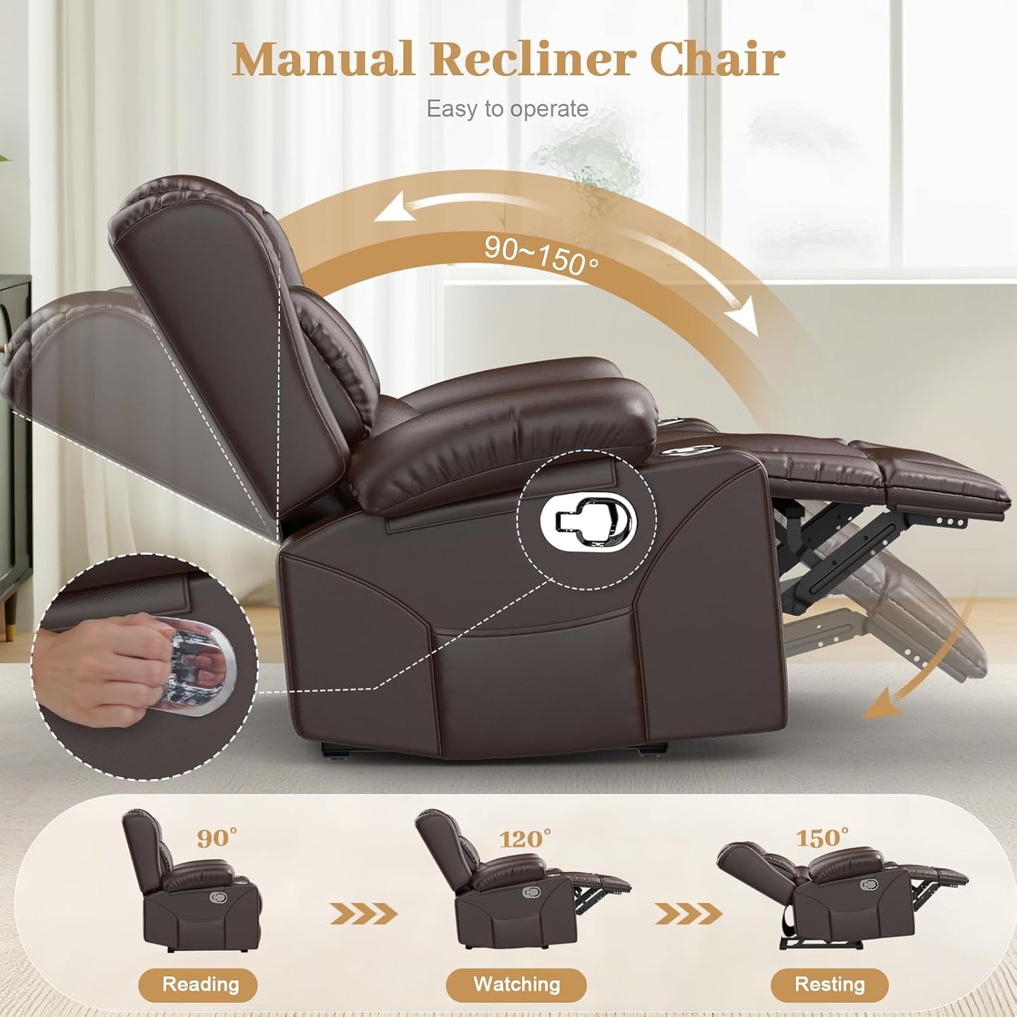 Recliner Chair for Adults, Oversized PU Leather Manual Pull Tab Reclining Chair with Cup Holders, Minimalist Style Single Sofa for Living Room, RV (Brown)