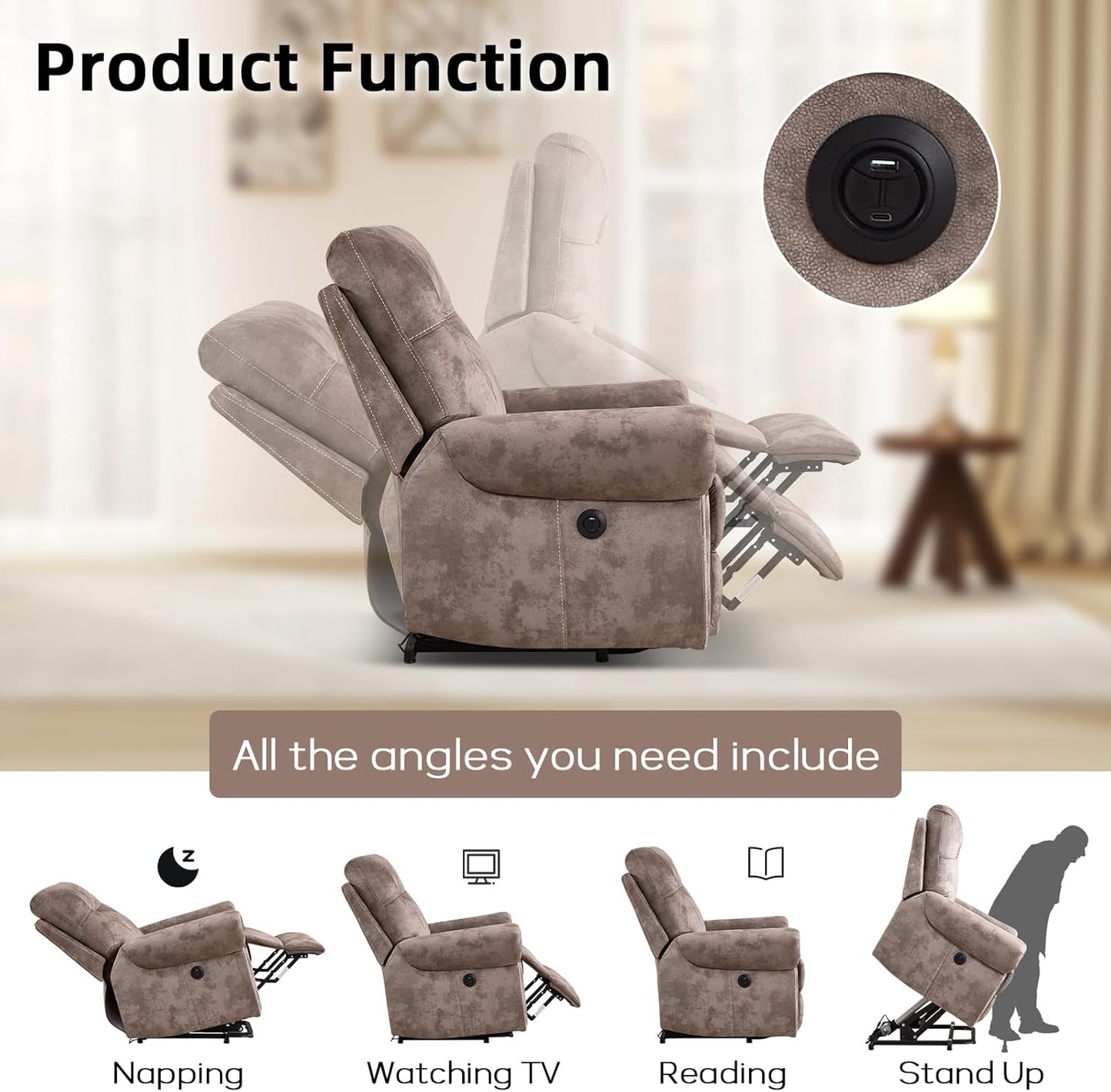 EBELLO Electric Power Recliner Chair with Massage and Heat, Soft Fabric Massage Recliner for Adults, Overstuffed Single Reclining Sofa, Vintage Rivet Mid-Century Design for Living Room, Brown