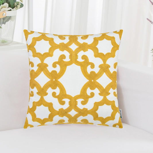 HWY 50 Mustard Yellow Decorative Throw Pillow Covers 18x18 Inch (1 Piece), Embroidered Cotton Farmhouse Cushion Cover Pillow Case for Sofa Couch Living Room Bed, Geometric