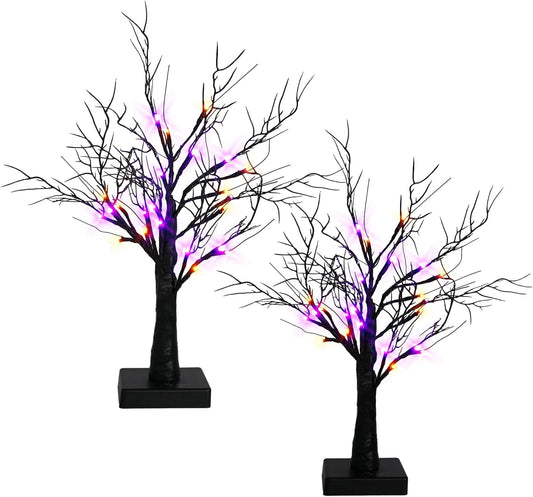 Dazzle Bright 2 Pack 20 Inch Orange & Purple Lighted Halloween Birches Tree Decor, 24 LED Battery Operated Halloween Decorations Artificial Black Spooky Tree with Timer for Indoor Home Party