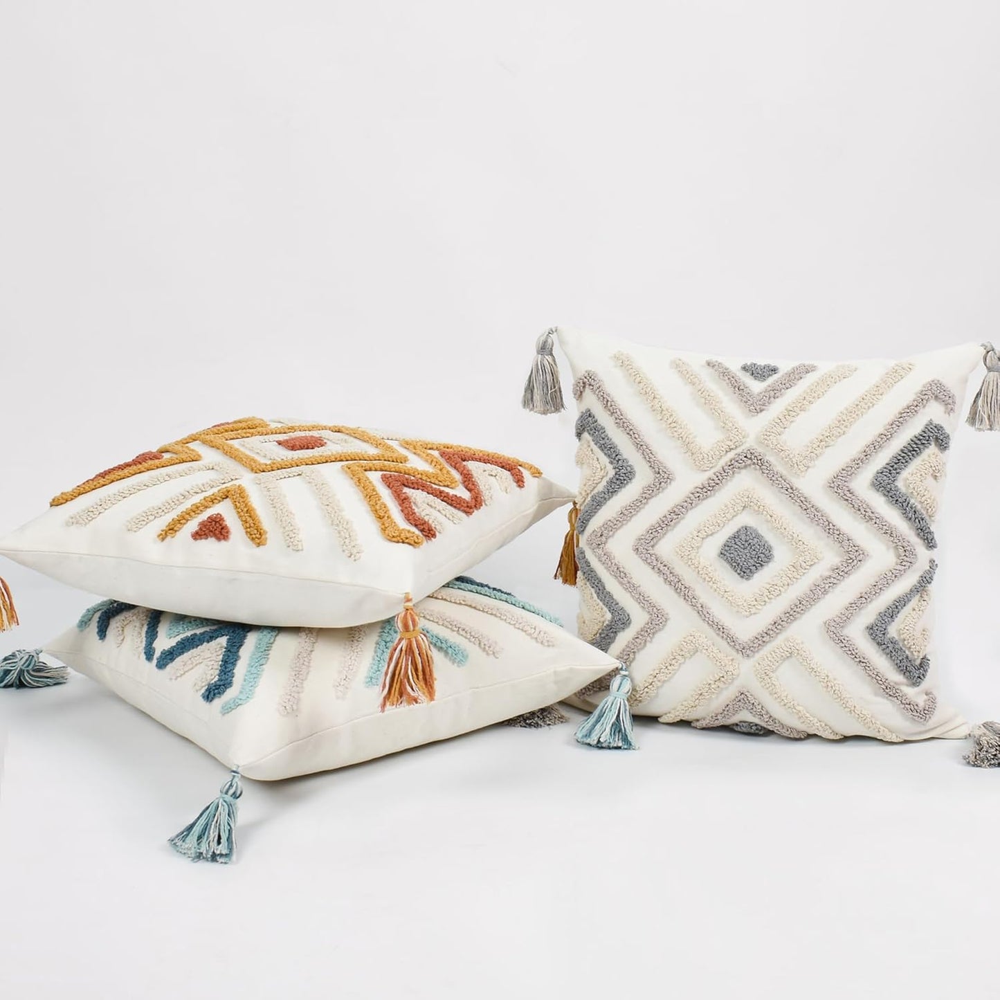 Boho Pillow Covers 18X18 Inch Boho Tufted Throw Pillow Covers Decorative Tassels Cushion Cover Farmhouse Pillow Case for Couch Sofa Bed Living Room Bedroom, Grey Netural