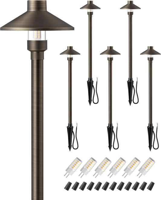 EDISHINE Solid Brass Low Voltage Landscape Lighting, 22" Tall 6" Shade w/ G4 Bulb, 6Pack 12V 350LM Heavy Duty Outdoor Landscape Path Light, Waterproof Bronze LED Pathway Lights Wired with Large Stake