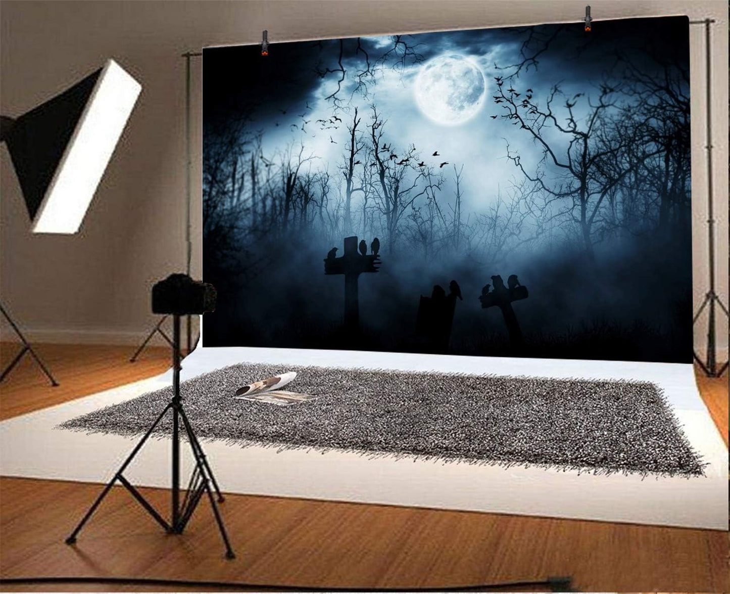 AOFOTO 9x6ft Moon Night Halloween Cemetery Photography Backdrop Flying Bats Birds Stand on Gravestone Cross Graveyard in Dark Forest Photo Background Cloth Vinyl Wallpaper Photo Studio Props