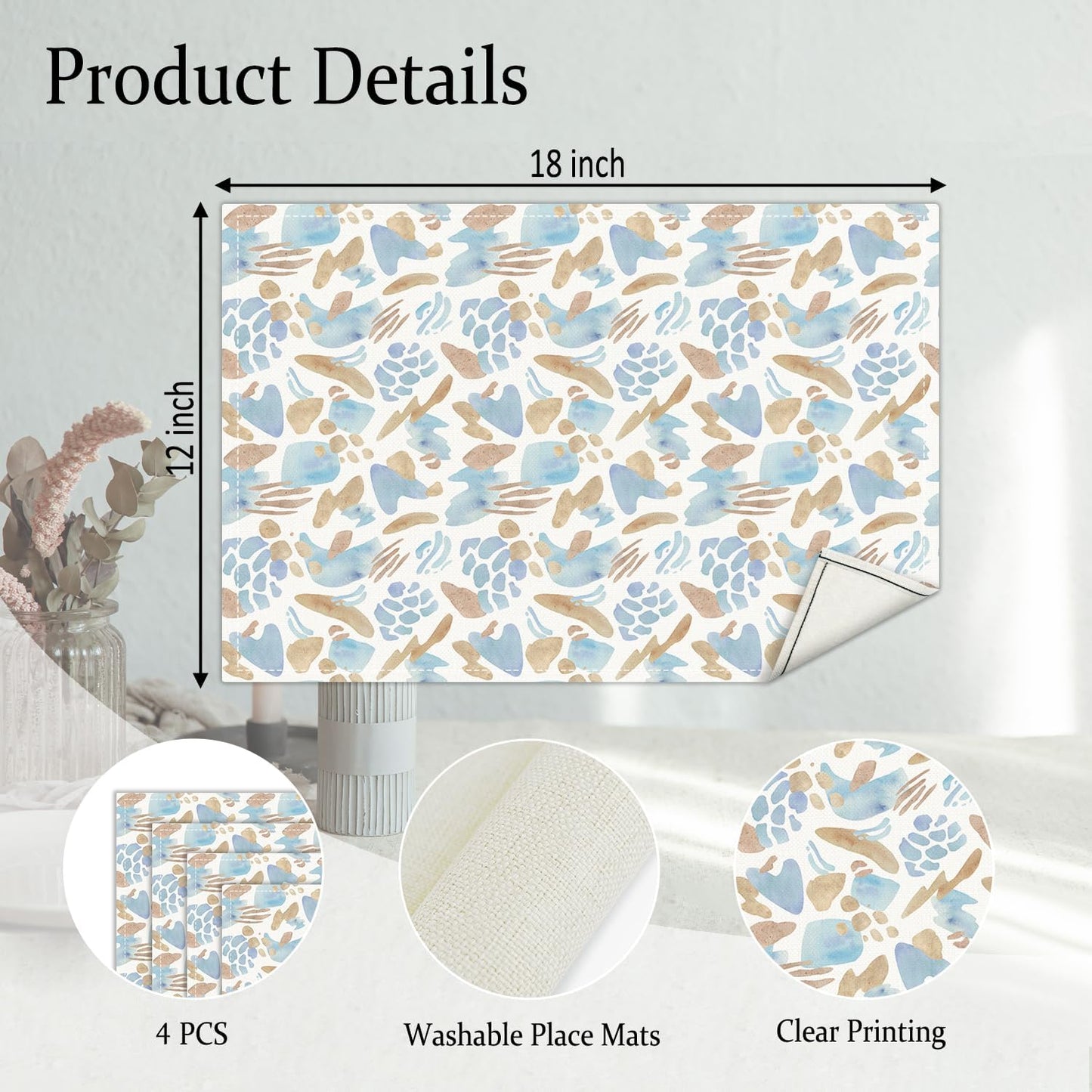 Blue and Brown Placemats Set of 4, Watercolor Table Mat for Home Kitchen, Restaurants, Outdoor Linen Washable Place Mats 12x18 inch Party Event Dining Decoration-07