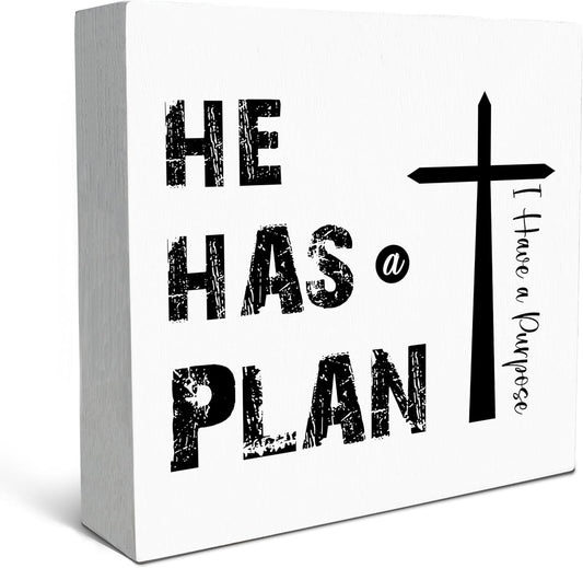SRADMO He Has a Plan Jesus Wood Box Sign Desk Decor, Bible Verse Decor, Christian Theme Wooden Block Box Sign Decoration for Home Office Shelf Table Decors