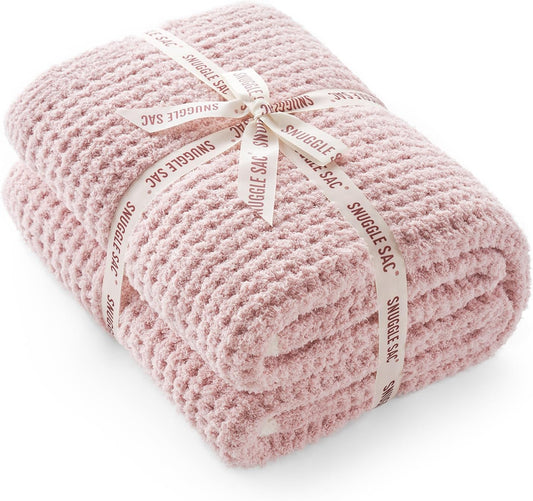 Snuggle Sac Ultra Soft Waffle Throw Blanket for Couch Bed Sofa 50x60 inches, Reversible Pink Blanket Microfiber Fluffy Fuzzy Cozy Knit Throws for Women Mothers Birthday Gifts