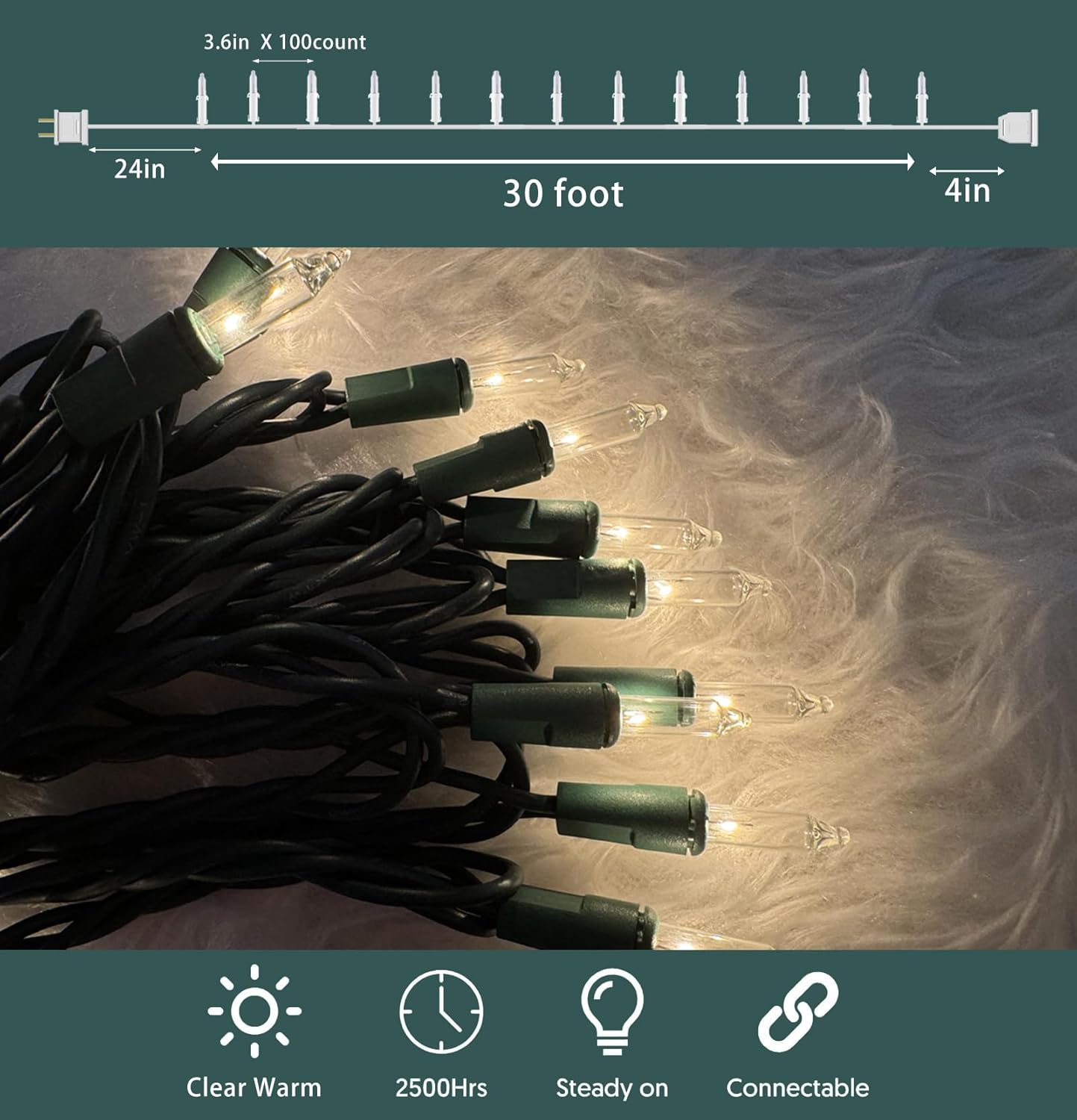 HISHINY Christmas Lights 100 Count Clear Christmas Tree String Lights with Green Wire for Outdoor Indoor Christmas Decorations Wedding Decorations Valentines Day Decor,UL Certified (32feet)