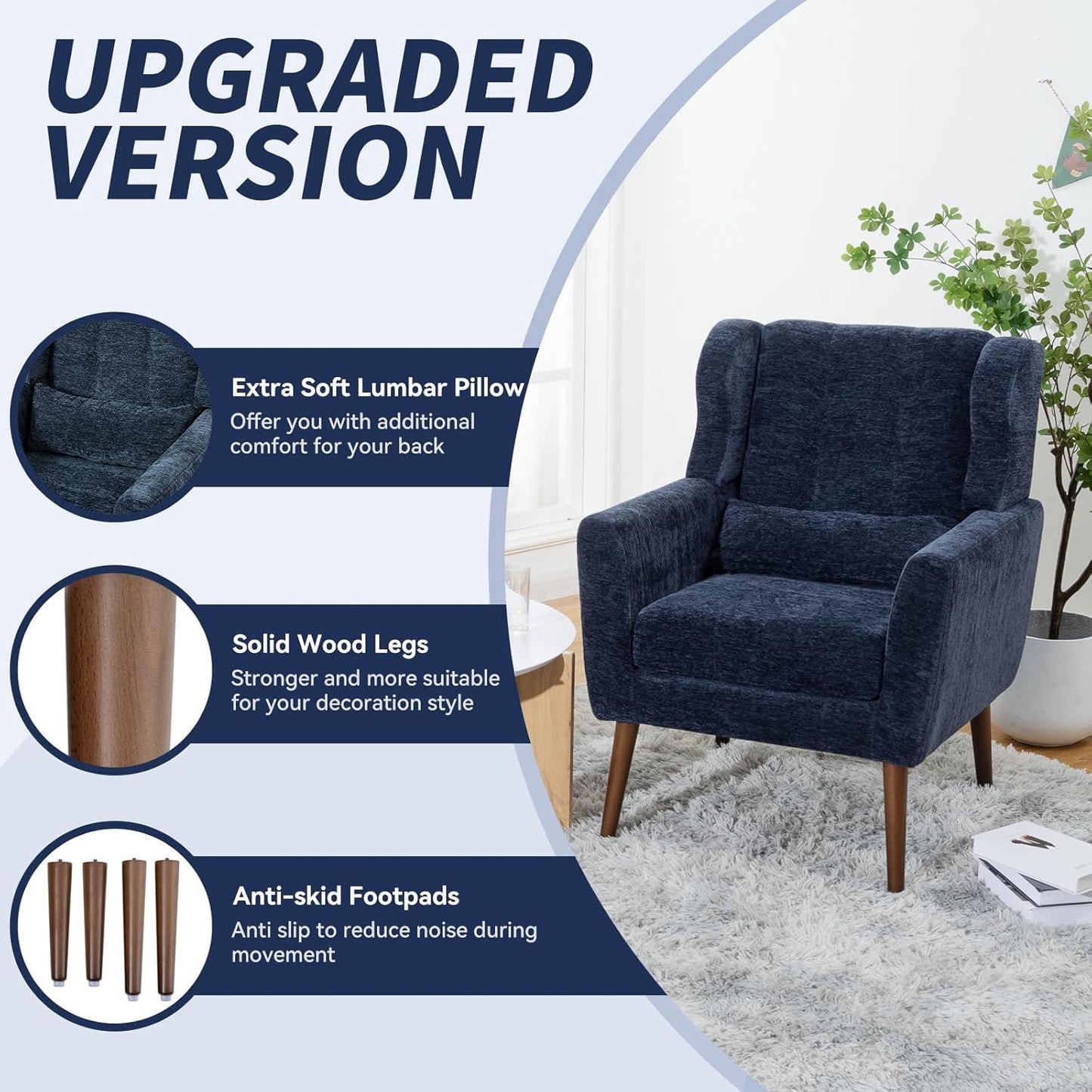 Accent Chair Set of 2, Upholstered Armchair with Pillow, Fabric Single Sofa Chair with Lounge Seat and Wood Legs Accent Chair for Living Room Small Spaces (Dark Blue, Set of 2)