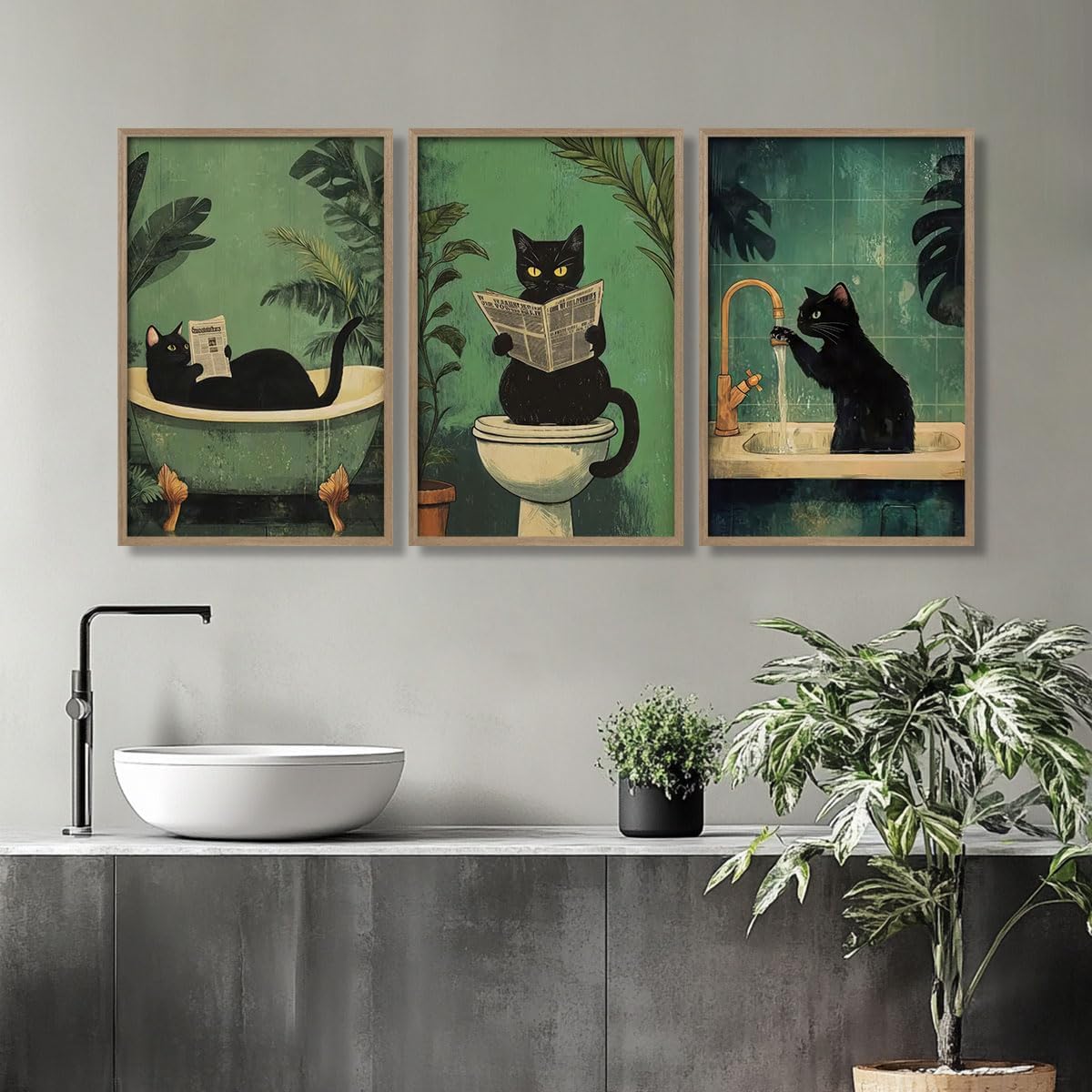 3Pcs Wooden Frame Cute Black Cat Bathroom Wall Art Modern Style Canvas Prints Funny Posters Pictures Decorative Paintings Artworks Suitable for Living Room Bedroom Bathroom Gallery Style Design 12x16In