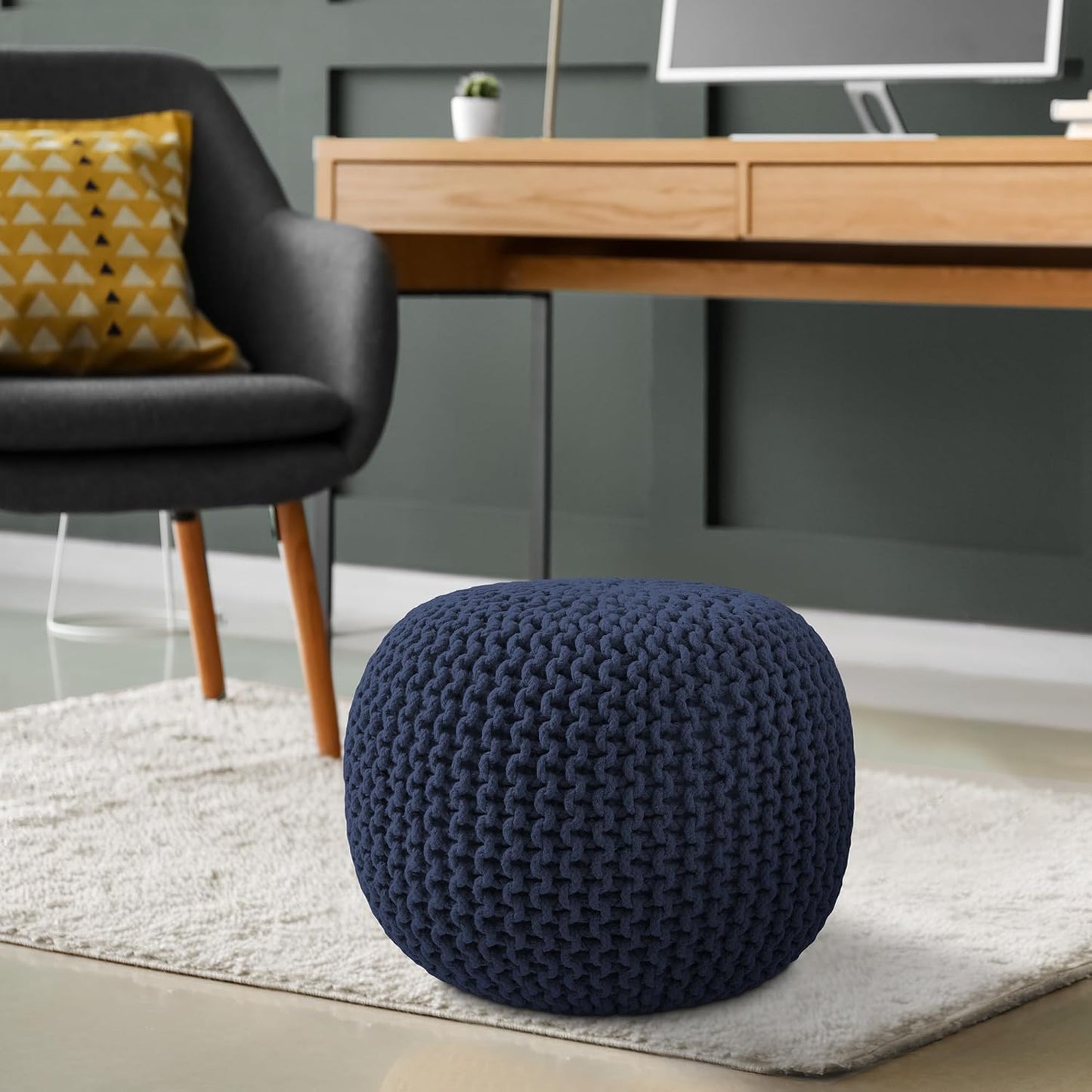Casafield Round Pouf Ottoman, Navy Blue - 20" Diameter x 14.5" High Cotton Knit Foot Stool - Boho Floor Pouffe for Living Room, Bedroom, Home Office