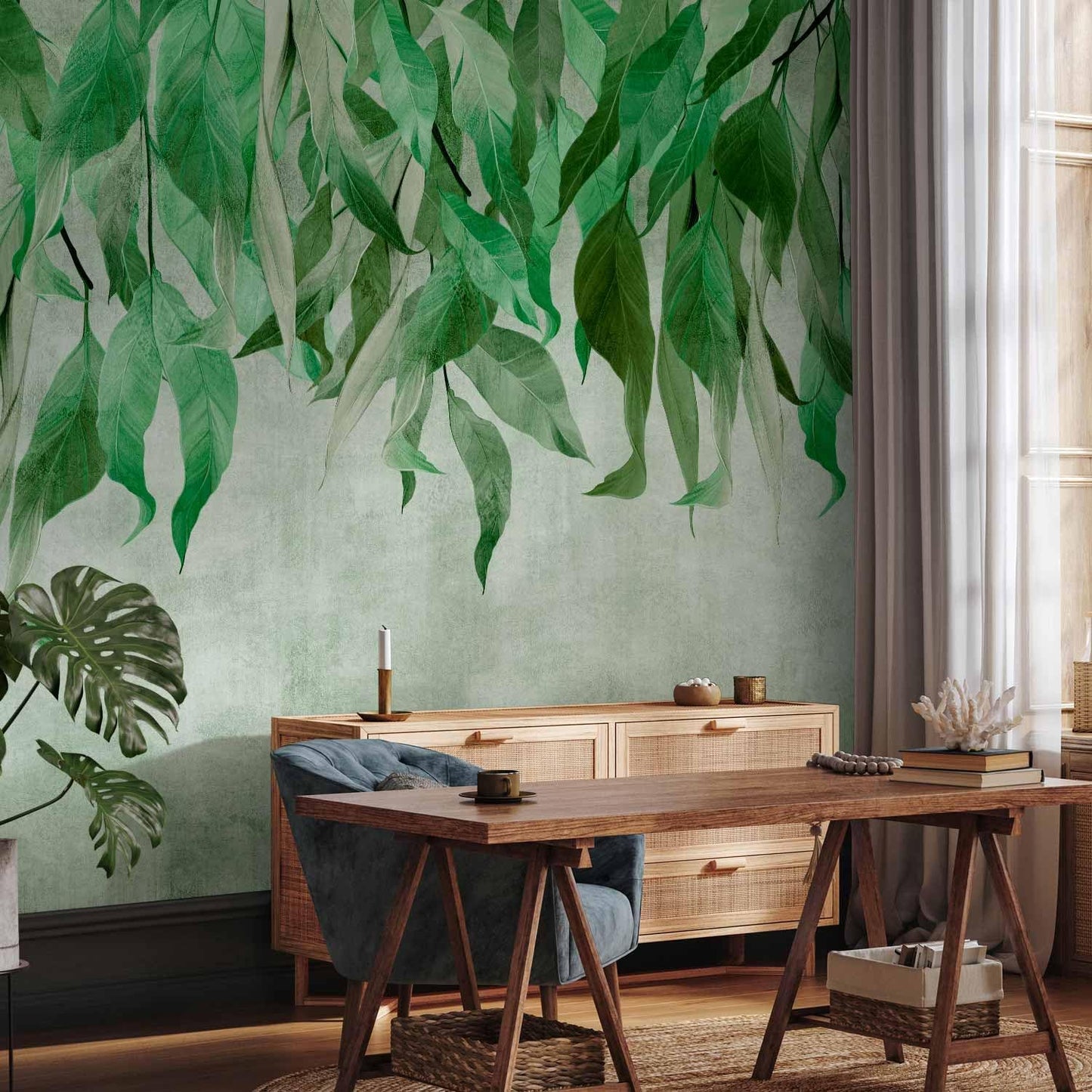 artgeist Wall Mural Hanging Leaves 193x138 in - Peel and Stick Self-Adhesive Wallpaper Removable Large Sticker Foil Wall Decor Print Picture Image Design Nature Botanical Concrete Green b-C-10146-a-a