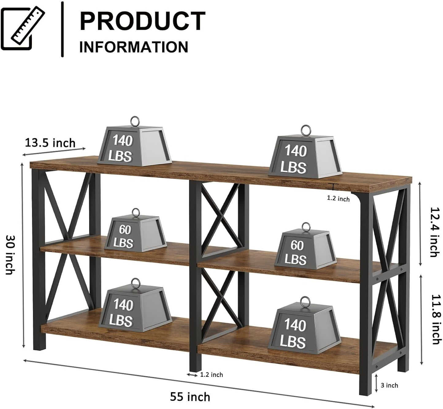 LVB Wood Console Table, Rustic 3 Tier Sofa Table Behind Couch, Industrial Metal Entryway Table with Storage Shelf, Farmhouse Wooden Foyer Hallway Table for Entry Living Room, Rustic Brown, 55 Inch