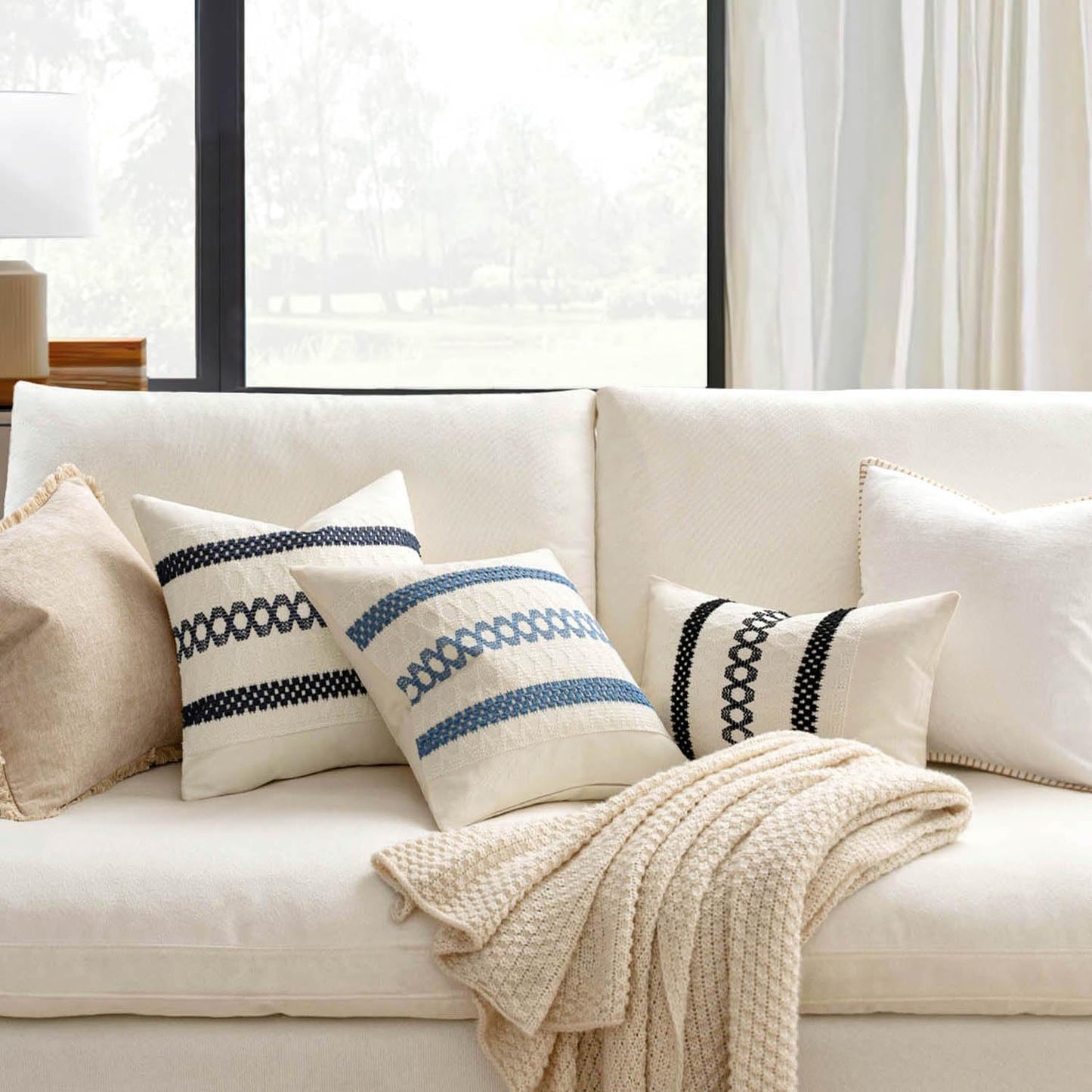 MIULEE Set of 2 Coastal Blue Boho Decorative Pillow Covers 20x20 Inch Farmhouse Rustic Couch Throw Pillows Modern Summer Cotton Cushion Covers Retro Cute Macrame Woven Home Decor for Bed Sofa Chair