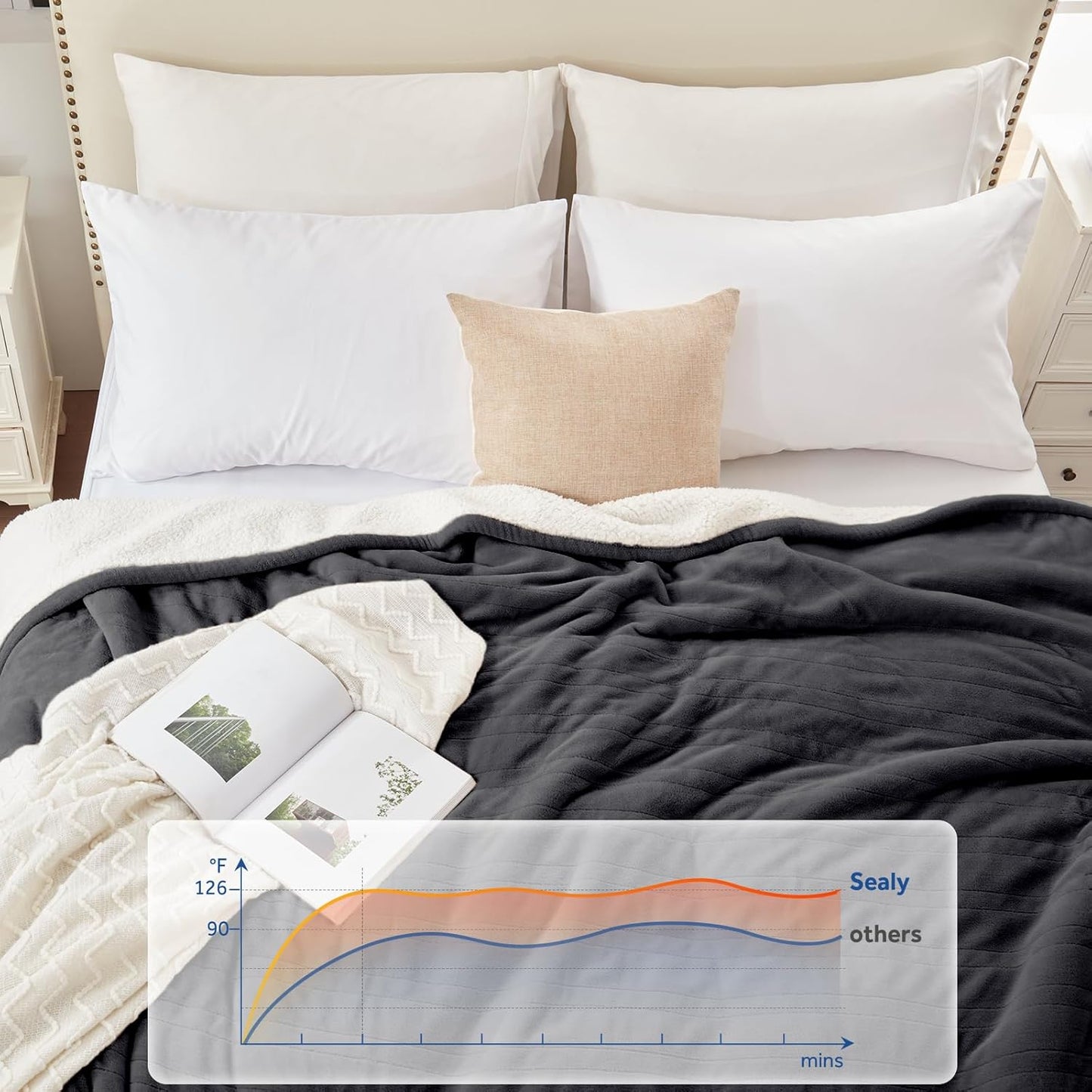 Sealy Electric Blanket Queen 84"*90",Super Cozy Flannel to Sherpa Reversible Heated Blanket Queen Size with 10 Heating Levels & 1-12 Hours Auto Off Overheating Protection Machine Washable,Charcoal
