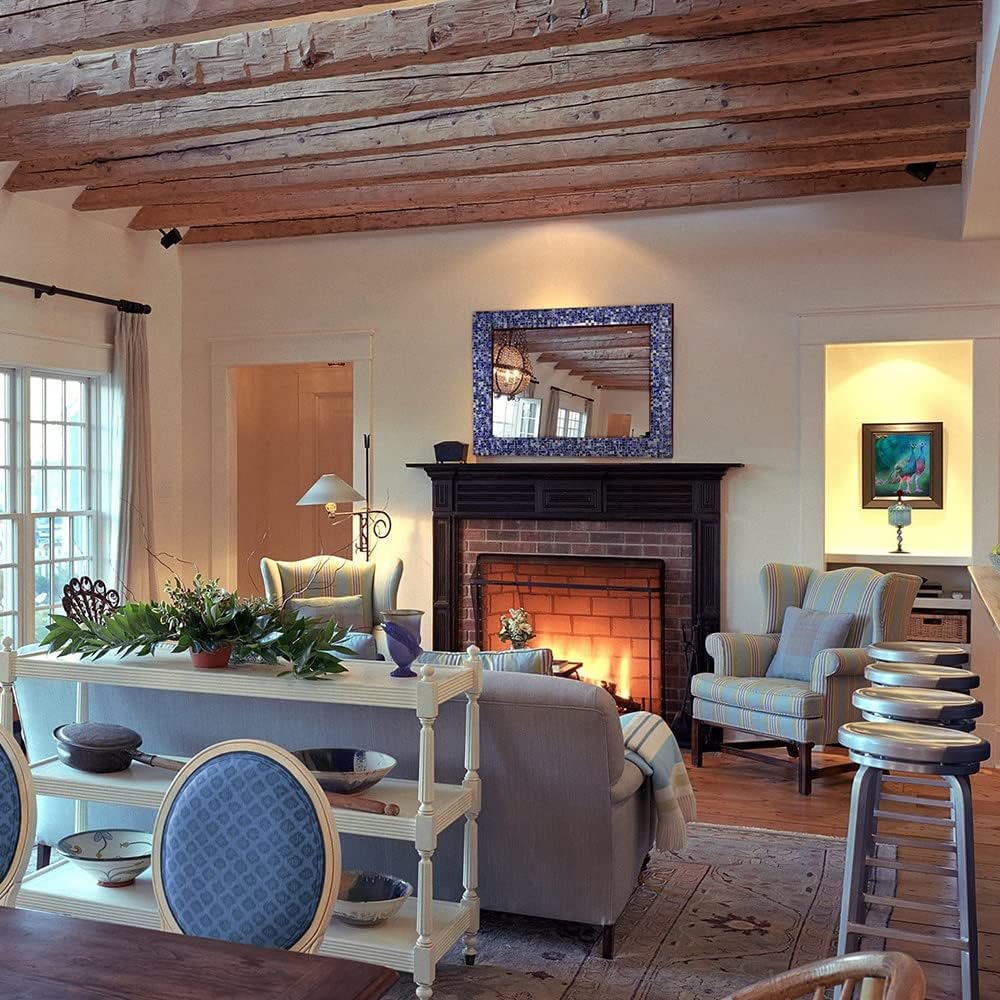 30" x 24" Glass Mosaic Framed Decorative Wall Mirror, Handmade Eclectic Accent Mirror, Unique Vanity Mirror (Lapis Blue)