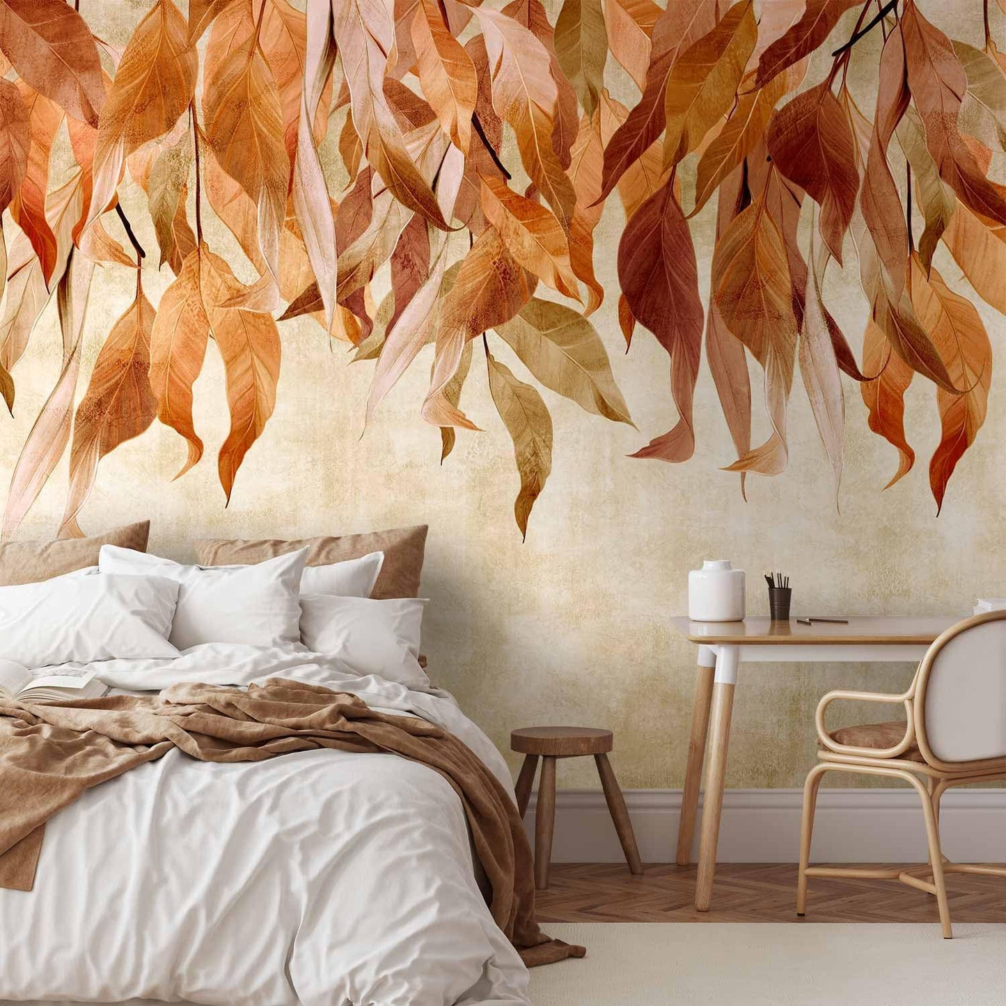 artgeist Wall Mural Hanging Leaves 116x83 in - Peel and Stick Self-Adhesive Wallpaper Removable Large Sticker Foil Wall Decor Print Picture Design Nature Botanical Concrete Orange b-C-10146-a-c