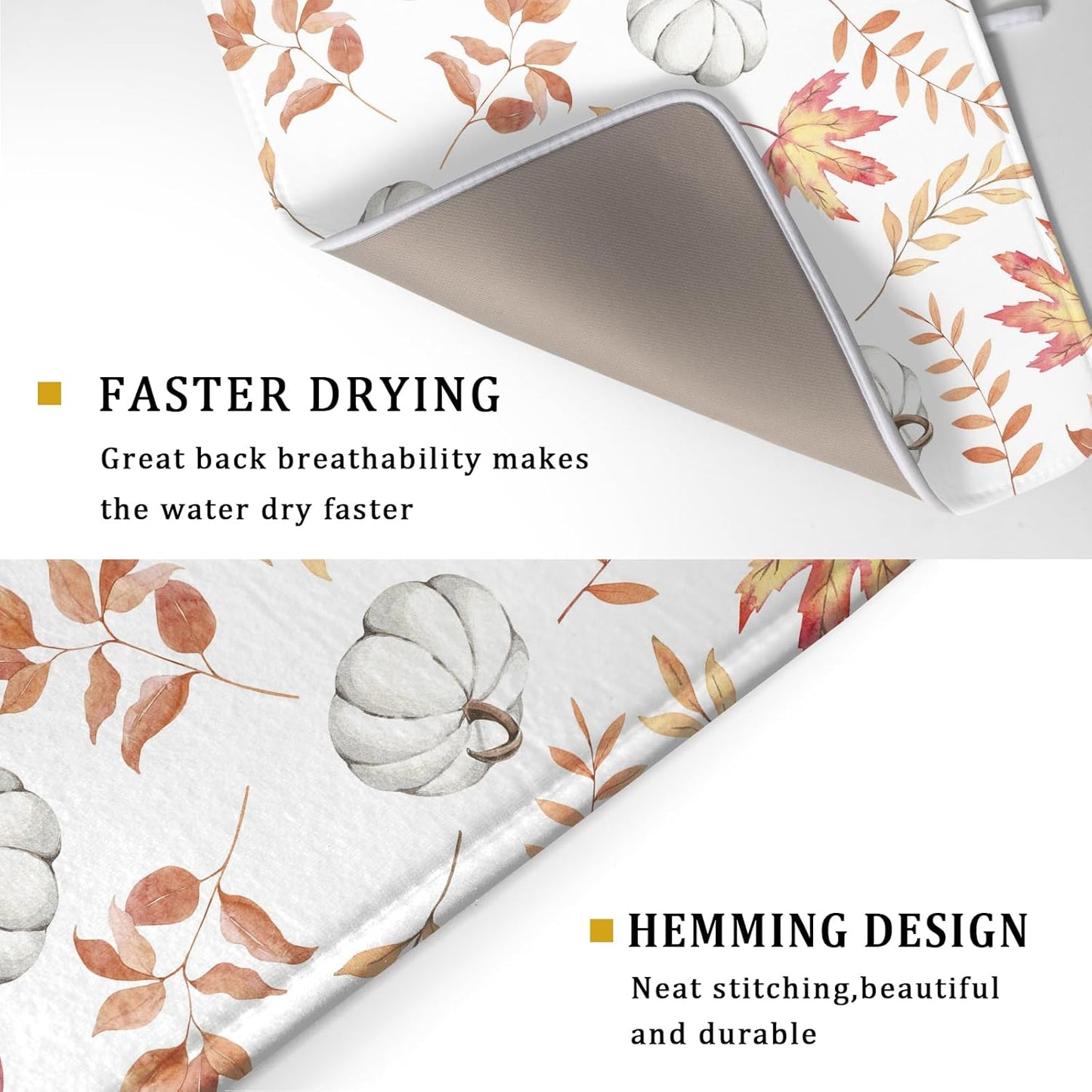 Fall Dish Drying Mat for Kitchen Counter Autumn White Pumpkins Maple Leaves Seasonal Super Absorbent Reversible Microfiber Kitchen Countertop Protector Dishes Pad Large 18x24 inch