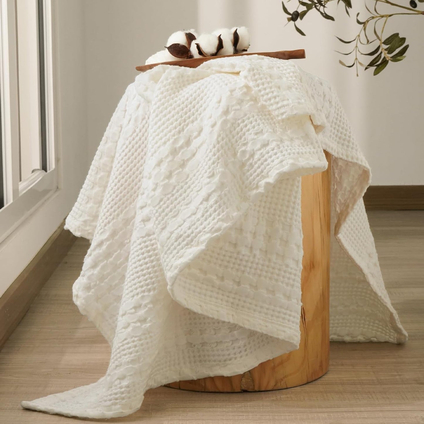 PHF 100% Cotton Waffle Weave Throw Blanket, Soft Lightweight Breathable Cozy Summer Throws for Couch Bed Sofa, Luxury Aesthetic Woven Blanket for Home Decor & Office, 50"x60", Ivory