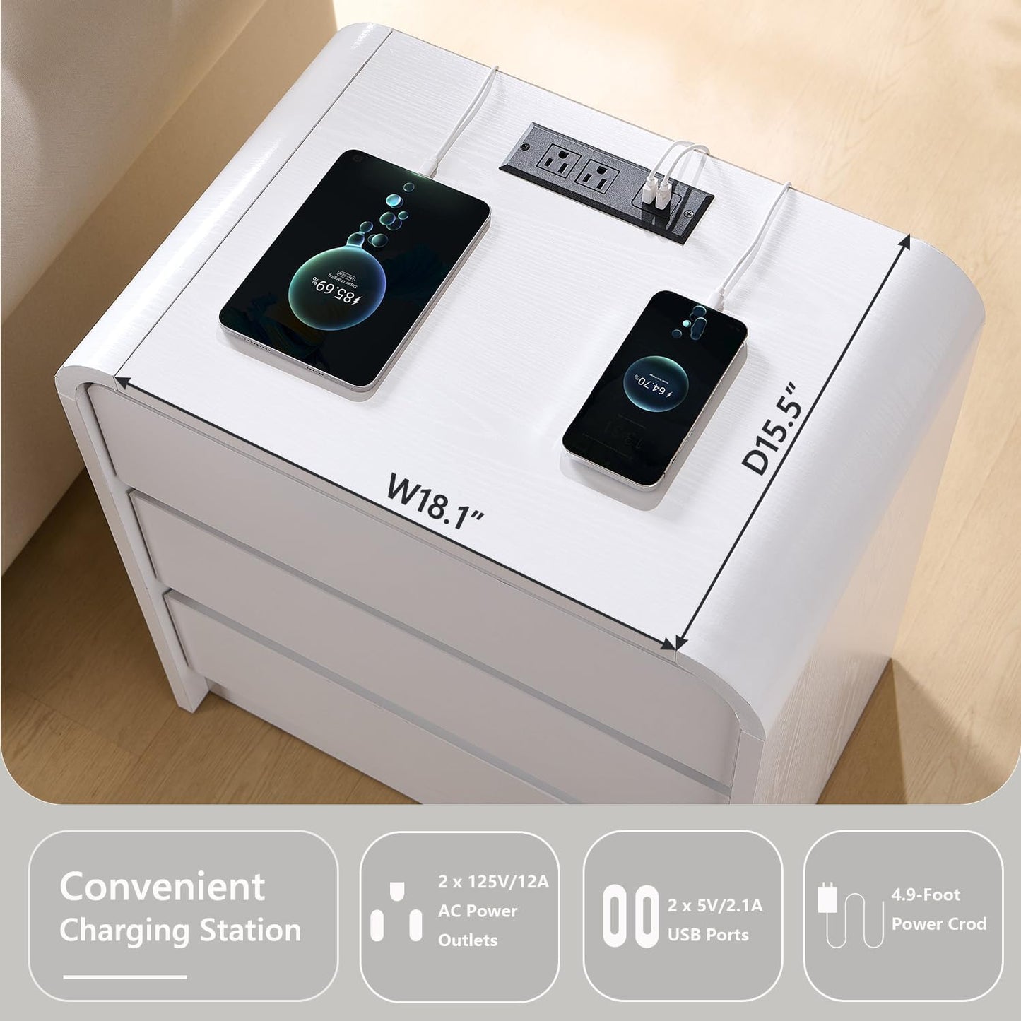 25" Tall Modern Nightstand with Charging Station, 23.6'' Wide Wood Bedside Table w/3 Storage Drawers, Small Dresser w/Curved Profile Design, End Table for Bedroom, White