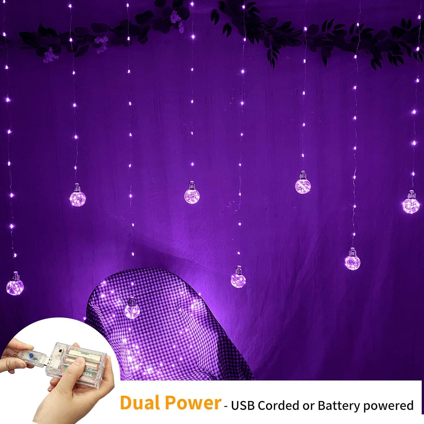 YOLIGHT Wishing Ball Curtain Lights 200 LED Window Curtain String Lights with Remote, USB Battery Powered Twinkle Globe Fairy Lights for Wedding Party Bedroom Halloween Christmas Decoration (Purple)