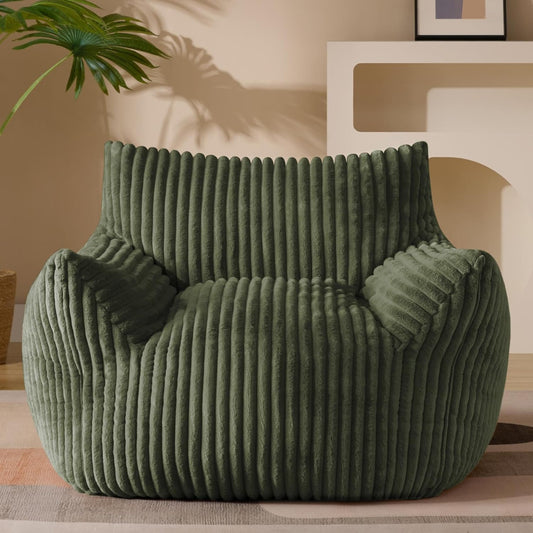 Giant Plush Bean Bag Chair for Adults with Armrests - Oversized Comfy Green Beanbag Lounge Lazy Floor Sofa Accent Chair for Living Room, Bedroom & Dorm, Cozy Fluffy Single Cloud Mini Couch