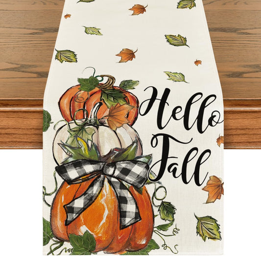 Artoid Mode Pumpkins Bowknot Maple Leaf 210 GSM Fall Table Runner, Seasonal Autumn Kitchen Dining Table Decoration for Home Party Decor 13x60 Inch