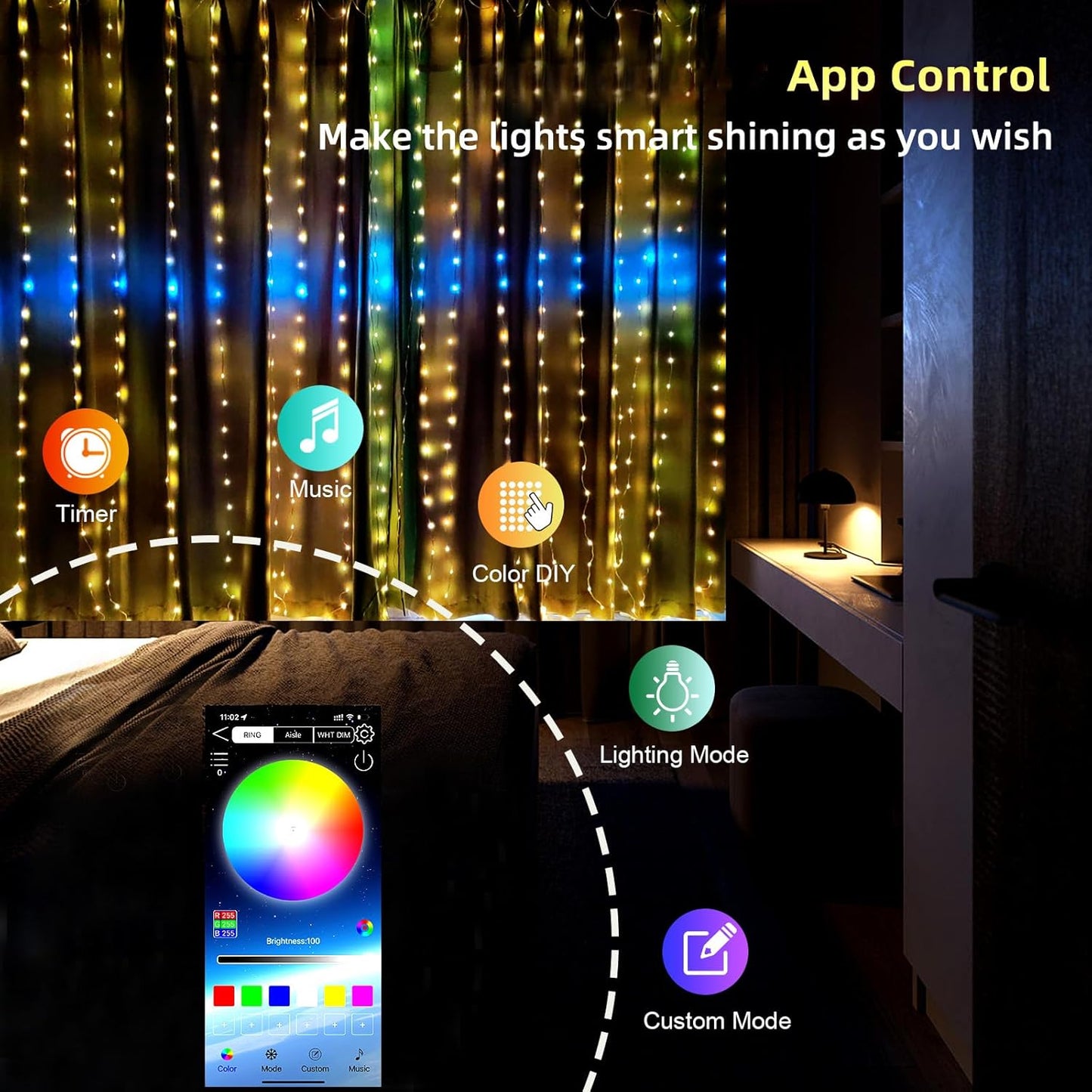 QINER LED Curtain Lights Indoor, 9.8 FT x 9.8 FT 300 LED with USB APP Control, Multiple Modes Selection, Smart Curtain Light for Bedroom, Wedding,Valentine's Day, Party