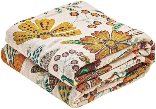 Boho Throw Blanket, 100% Cotton Ultra Soft Luxury Throw Rustic Quilt, 60"x80" Floral Printed Farmhouse Decor Bed Summer Blankets, All Season Rustic Reversible Bohemian Throw for Bed - White