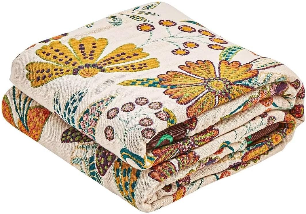 Boho Throw Blanket, 100% Cotton Ultra Soft Luxury Throw Rustic Quilt, 80"x90" Floral Printed Farmhouse Decor Bed Summer Blankets, All Season Rustic Reversible Bohemian Throw for Bed - White