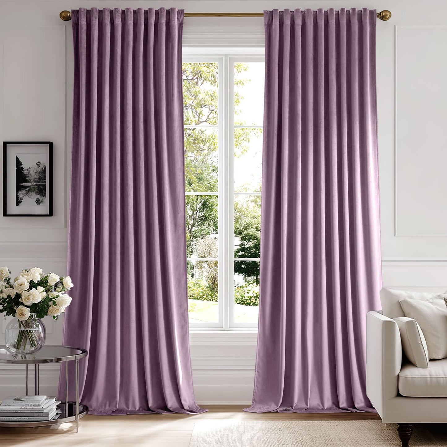 MIULEE Lavender Velvet Curtains 96 inches 2 Panels - Luxury Room Darkening Window Drapes for Bedroom Living Room Thermal Insulated Super Soft Blackout, Back Tab Rod Pocket Pinch Pleated, Purple