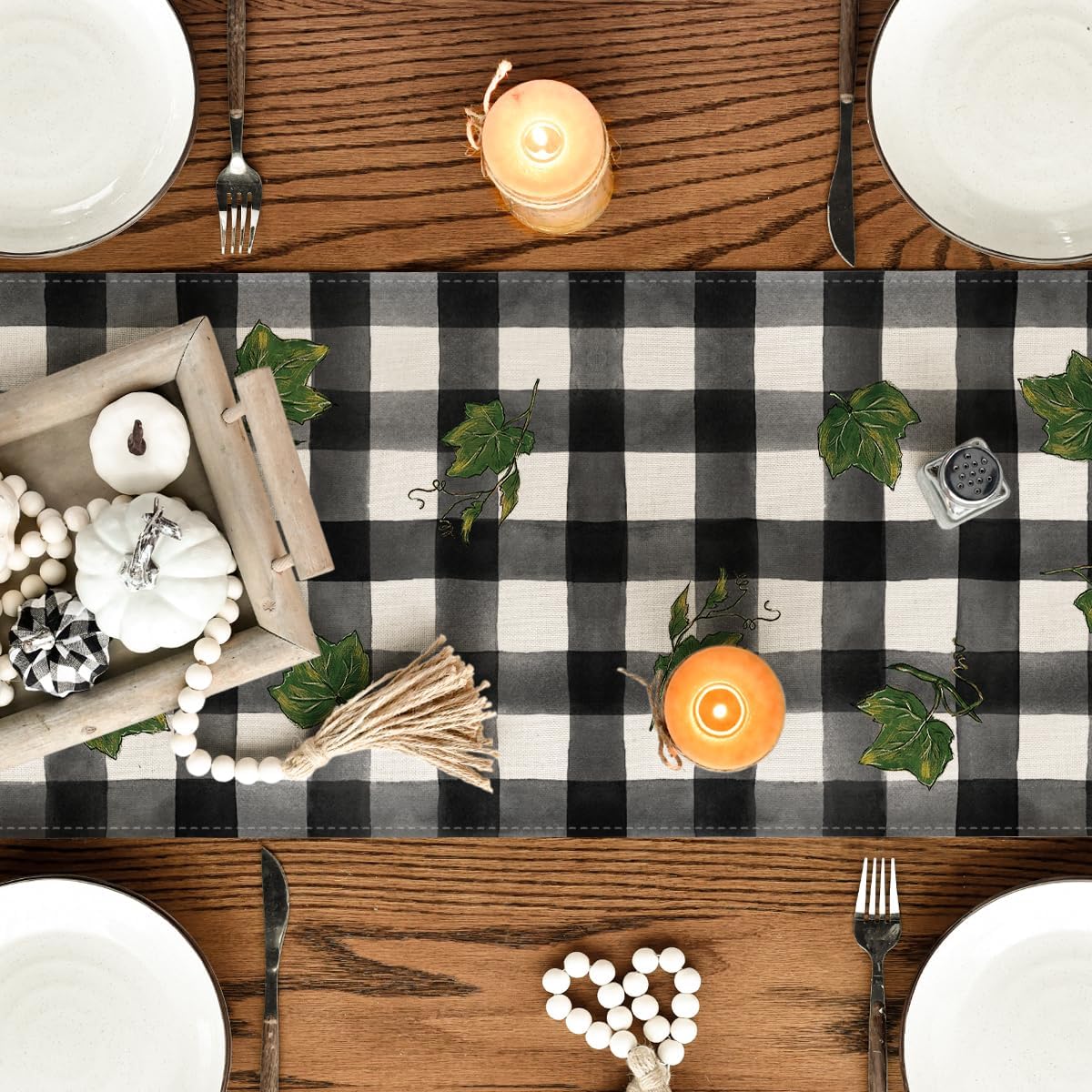 Artoid Mode Buffalo Plaid Bowknot Pumpkin Thankful Fall Table Runner, Autumn Thanksgiving Kitchen Dining Table Decoration for Home Party Decor 13x60 Inch