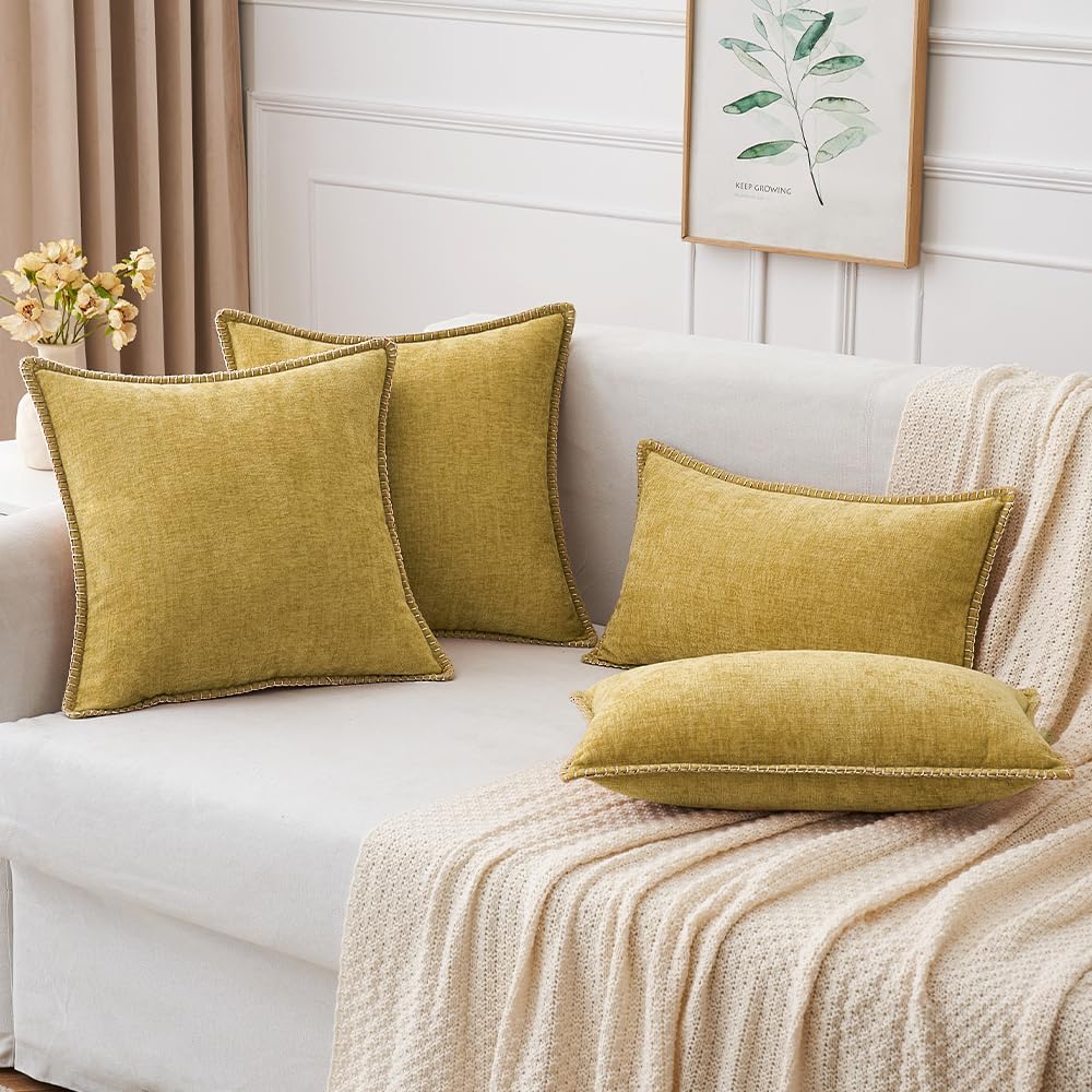 MIULEE Pack of 2 Couch Throw Pillow Covers 16x16 Inch Mustard Yellow Farmhouse Decorative Pillow Covers with Stitched Edge Soft Chenille Solid Dyed Fall Pillow Covers for Sofa Bed Living Room