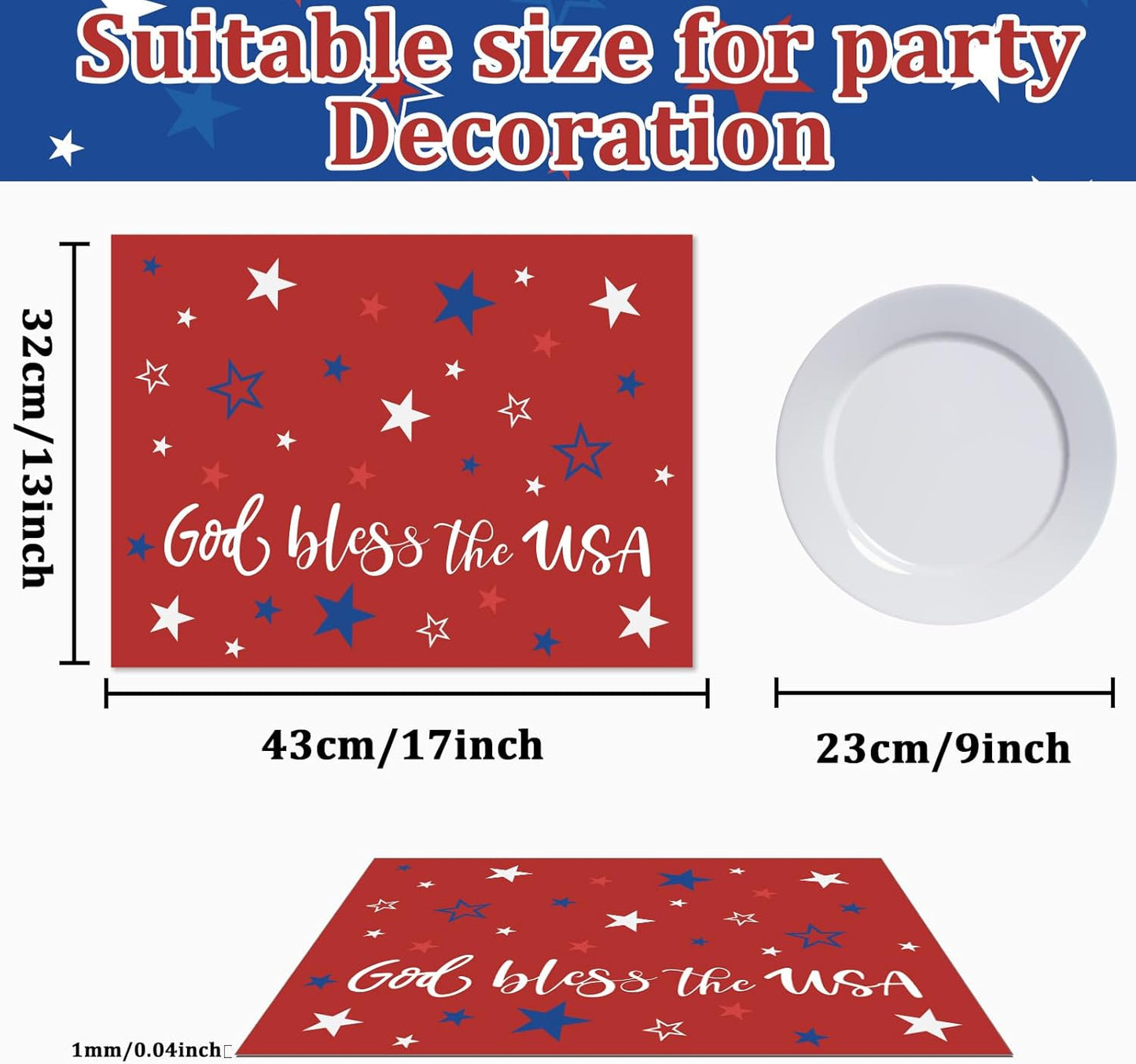 Memorial Day Placemat Set of 6 Patriotic Freedom Stars Place Mats 4th of July Veterans Plastic Table Mats Independence Day Holiday Table Placemats for Indoor Outdoor Party Dining
