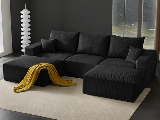 Boneless Sectional Cloud Couch Sofa for Living Room, 112" U-Shaped Modular Modern Lounge Sleeper Black Couches with Chaise, No Assemble, Cordury Compression Upholstered Sofas