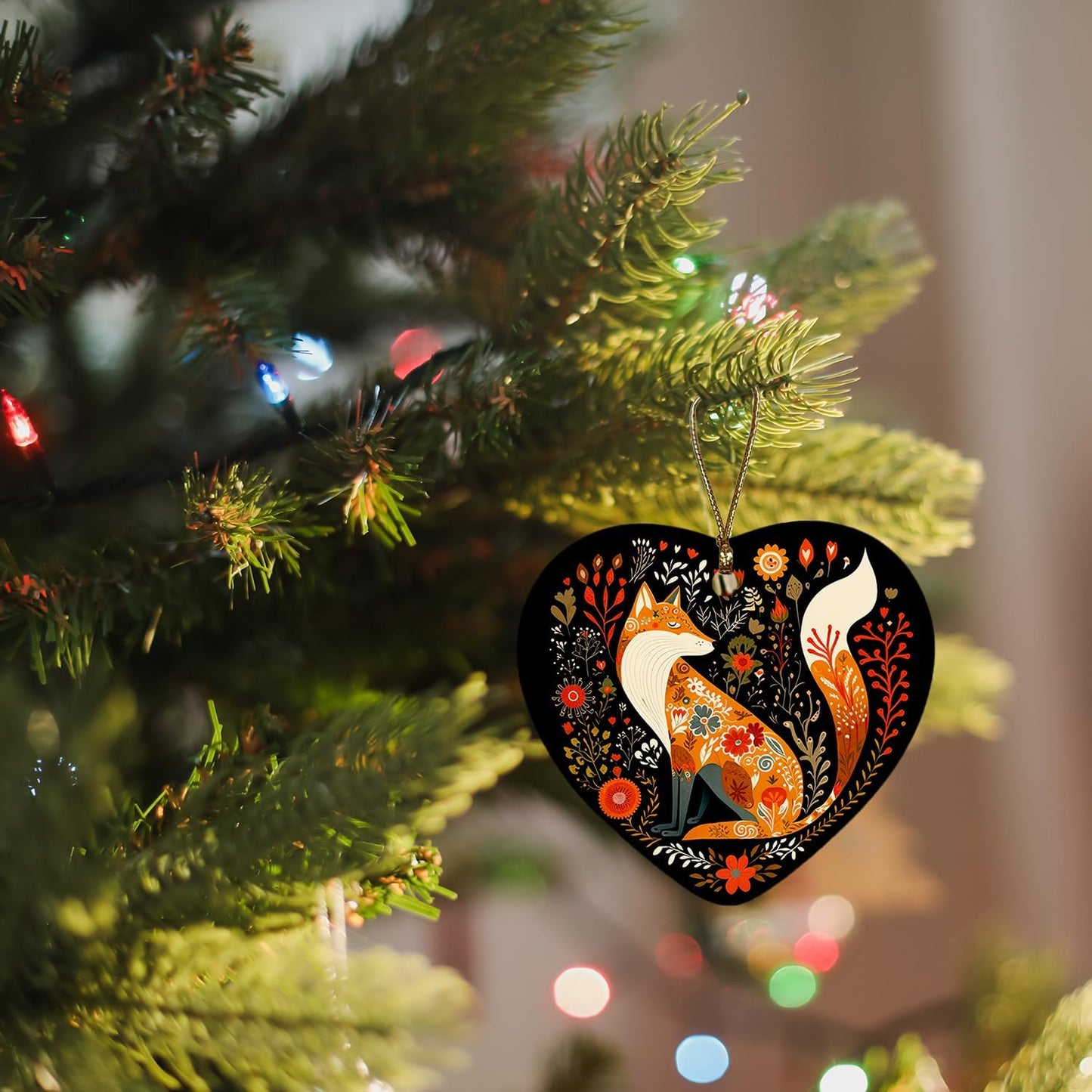 Fox Christmas Ornament - Cottagecore Botanical Heart Ceramic Decoration for Tree - Gift for Women