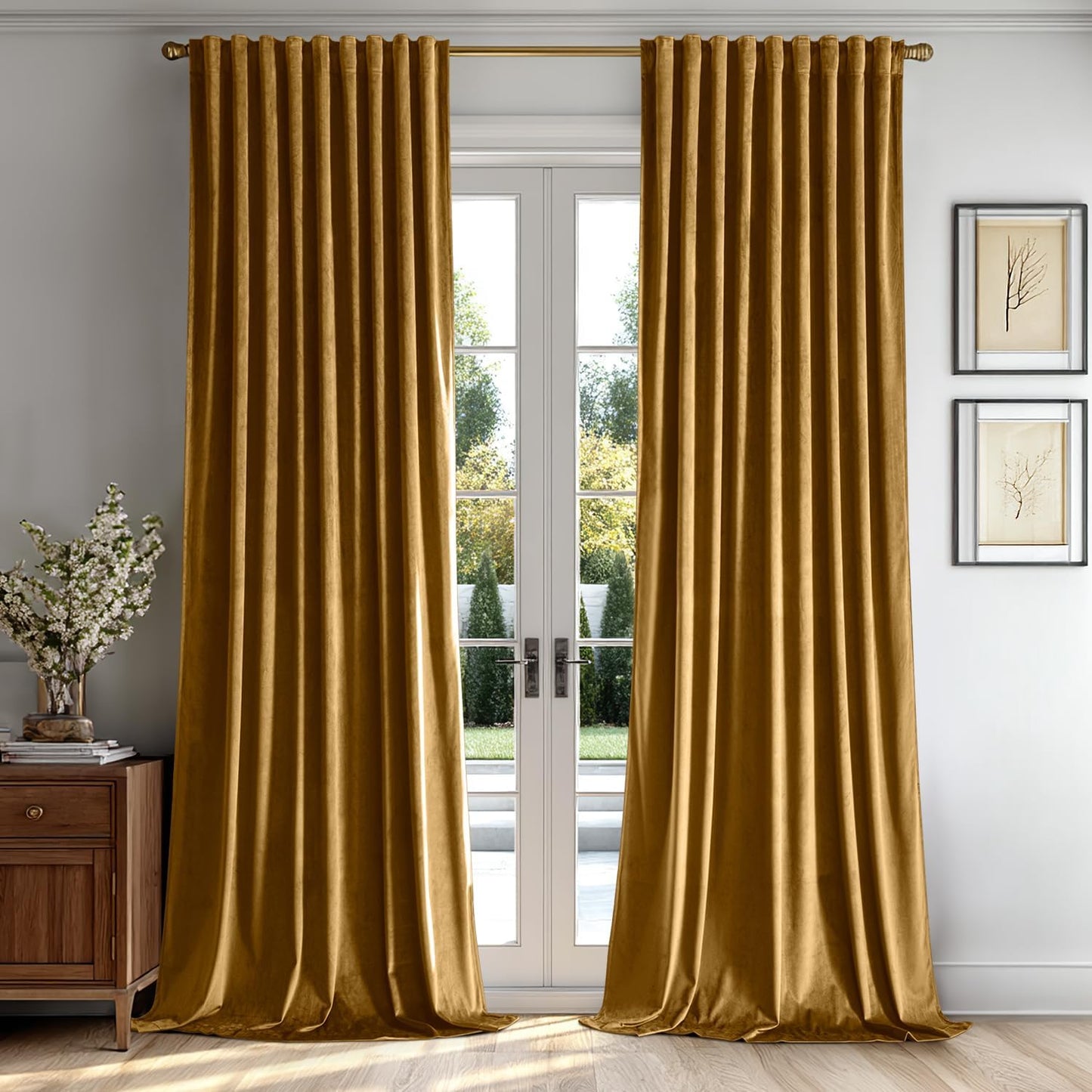 MIULEE Gold Velvet Curtains 84 inches 2 Panels - Luxury Room Darkening Window Drapes for Bedroom Living Room Thermal Insulated Super Soft Blackout, Back Tab Rod Pocket Pinch Pleated, W52 x L84