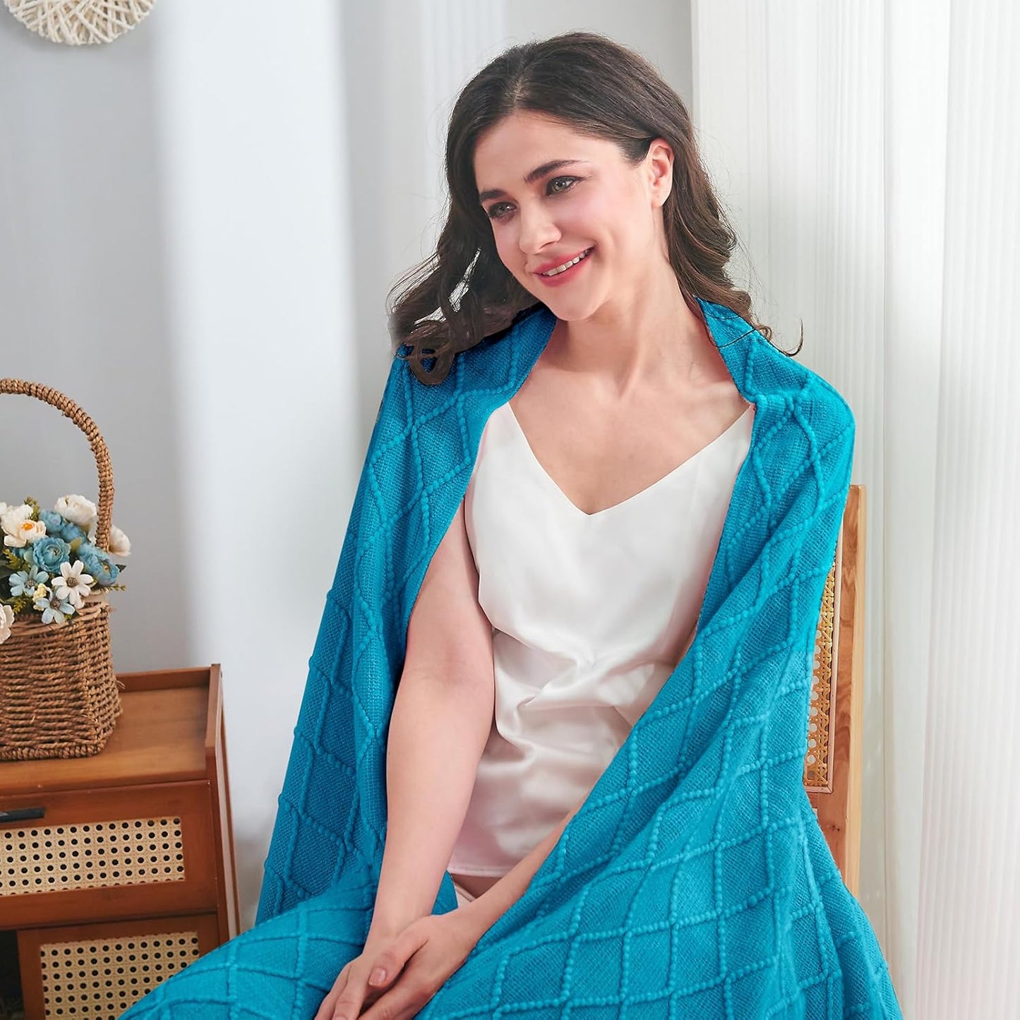 inhand Teal Throw Blanket for Couch and Bed, Soft Living Room Home Decor Knitted Twin Size Blanket, Outdoor Lightweight Breathable Summer Blanket, Farmhouse Warm Woven Decorative, 60"x80"