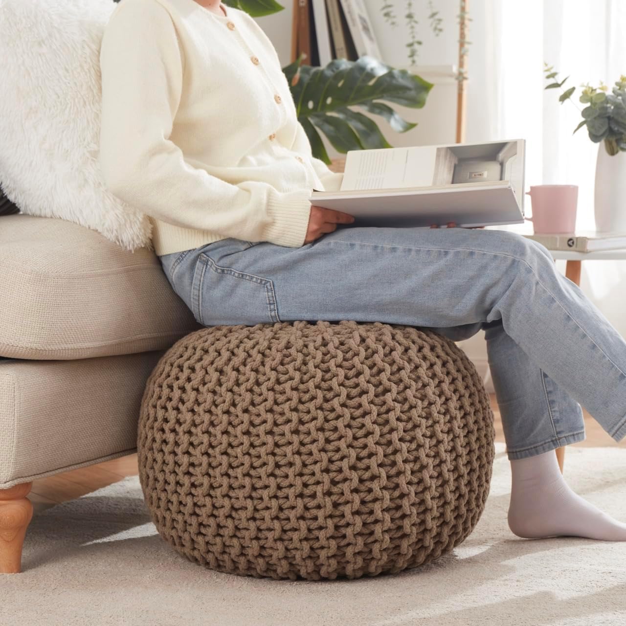 Ornavo Home Pouf Ottoman Foot Rest - 100% Cotton Pouffe - Hand Knitted Cable Braid Cord - Boho Round Stuffed Ottoman for Living Room, Bedroom - Taupe/Brown