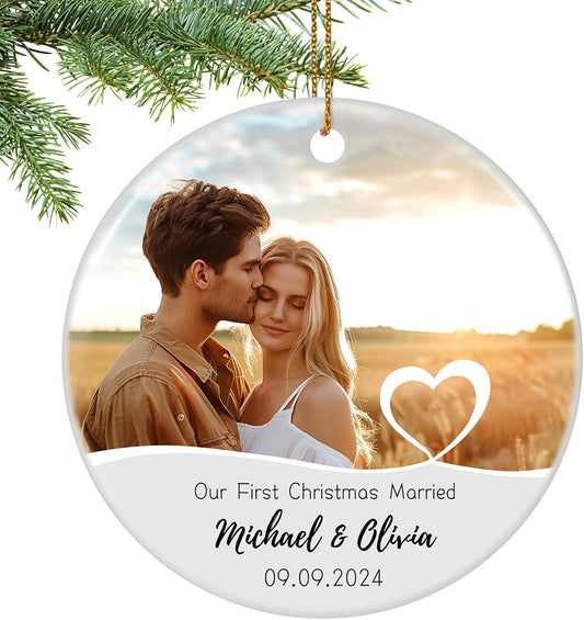 Our First Christmas Married Ornament, Personalized Photo Christmas Ornament 2025 for Newlyweds, Couple Just Married Ornament, Customized Wedding Gifts for Couples Him Her